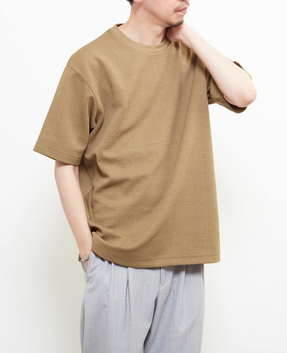 MEN'S MELROSE 【MASTER FRAME/マスターフレーム】薄ふくれジャガードクルーネックTシャツ ｜ スクエア柄 メンズメルローズ トップス カットソー・Tシャツ ホワイト ネイビー ベージュ