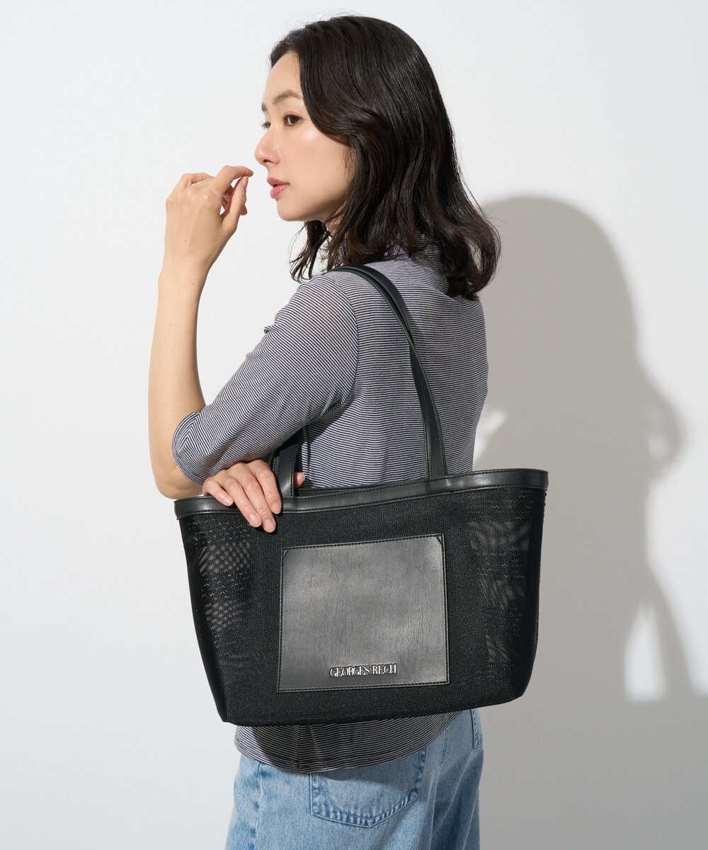 GEORGES RECH スパンコールボーダー刺繍シアートートバッグ ジョルジュ・レッシュ バッグ トートバッグ ブラック ホワイト【送料無料】
