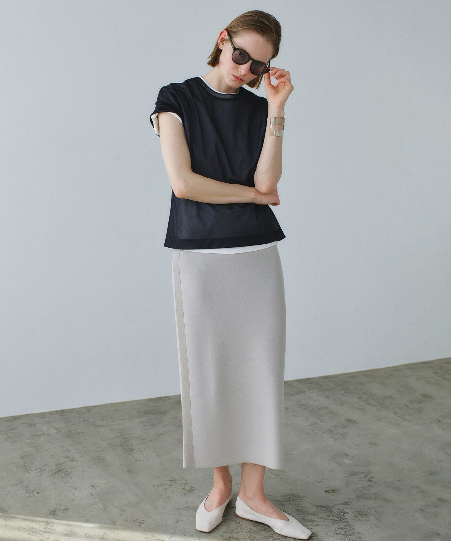, SELEN / リブコンビ シアーTシャツ ベイジ, トップス カットソー・Tシャツ ブラック