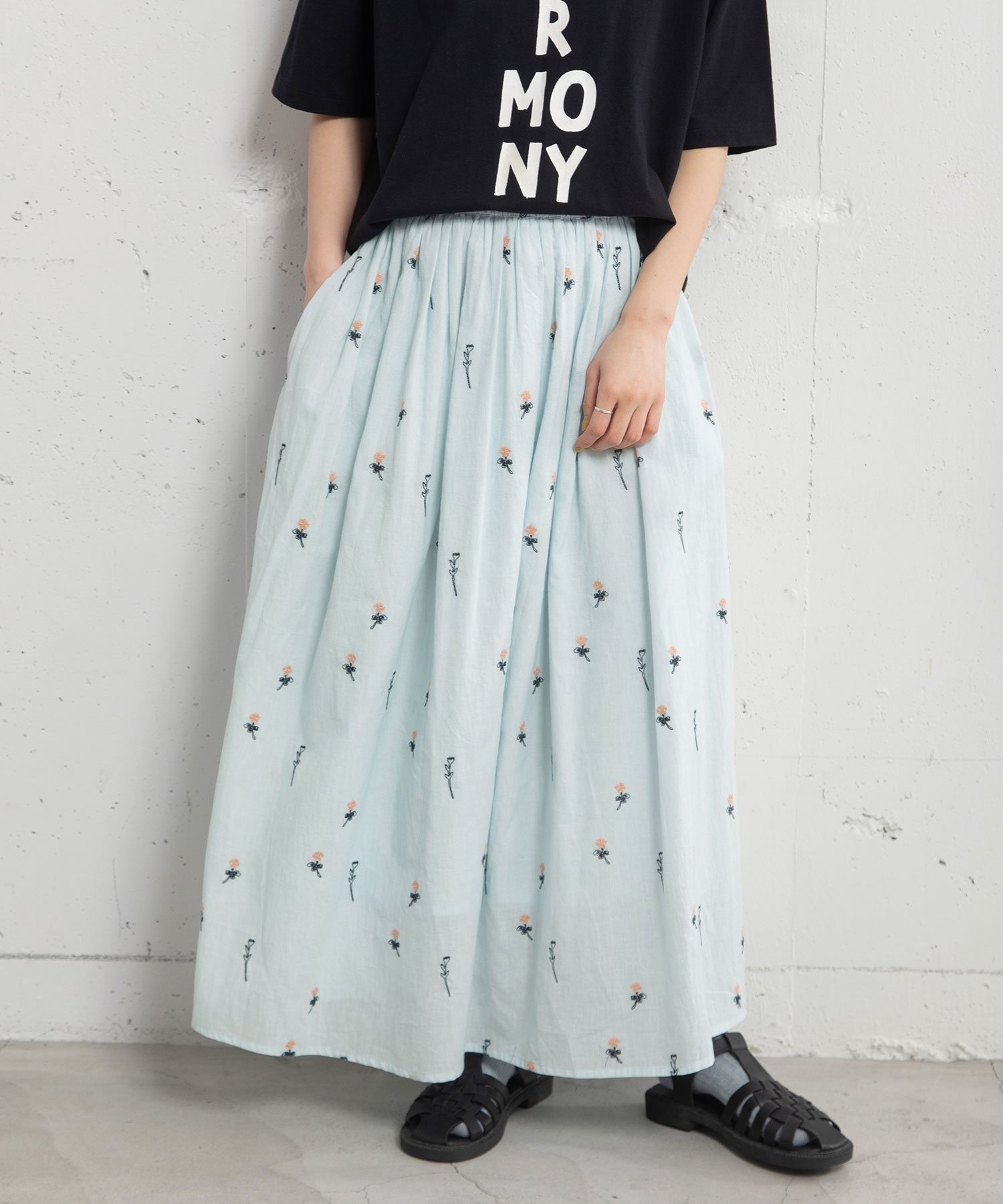 【SALE／40%OFF】POU DOU DOU ＜made in INDIA＞シロツメクサ刺繍ギャザースカート プードゥードゥー ..