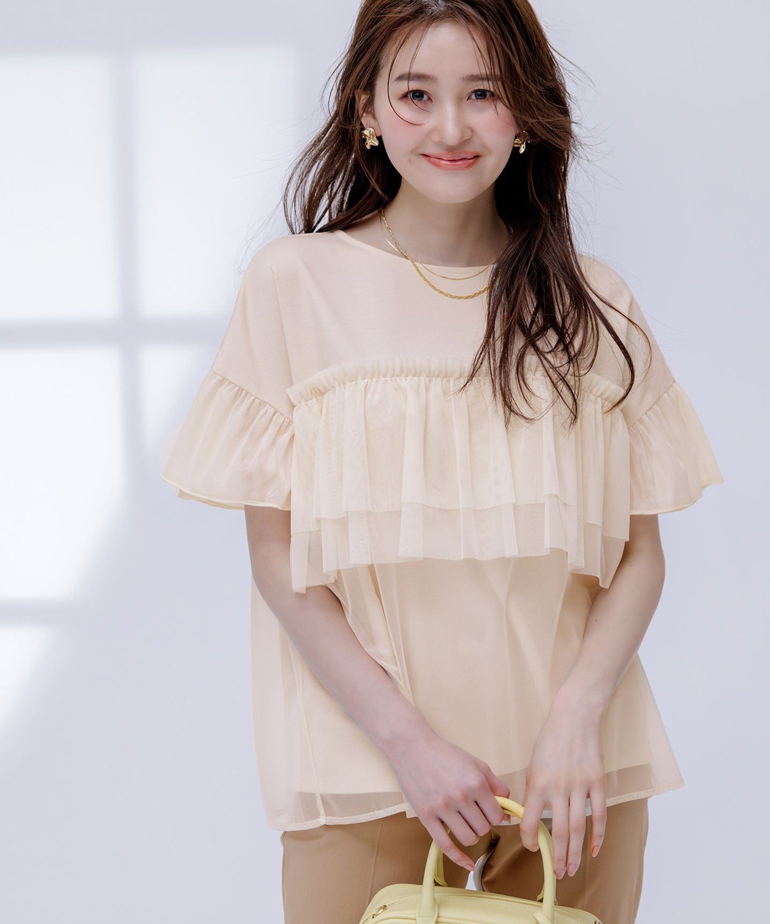 【SALE／50%OFF】any SiS 【洗える】チュール重ね プルオーバー エニィスィス トップス カットソー・Tシャツ ホワイト ブラック イエローのサムネイル