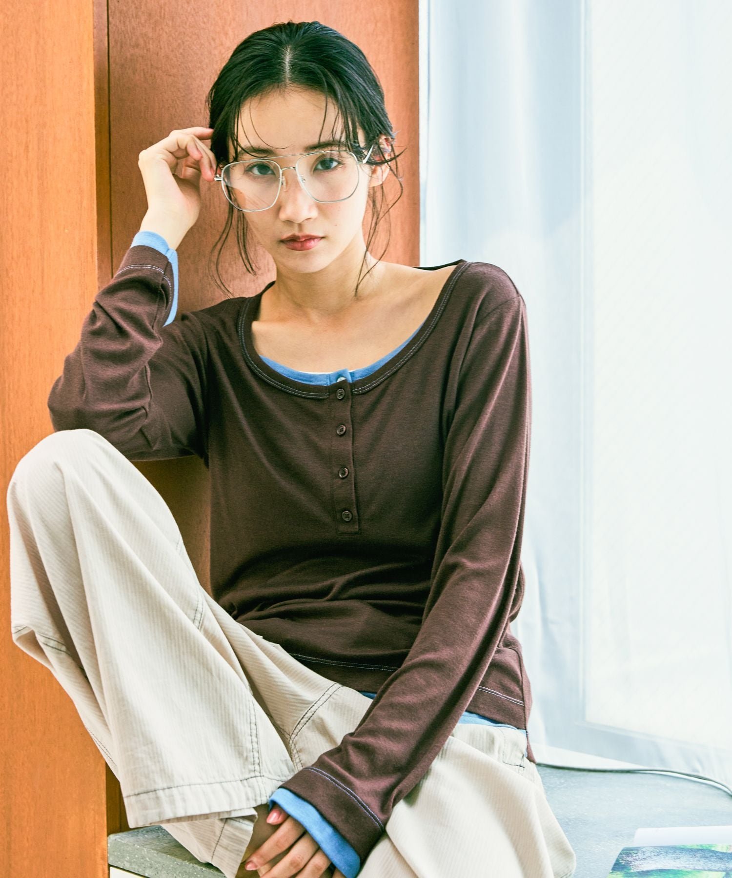 niko and ... 《レビュー高評価4.8以上》ヘンリーネックレイヤードTシャツ ニコアンド トップス カットソー・Tシャツ ブラック グレー ホワイト ブラウン