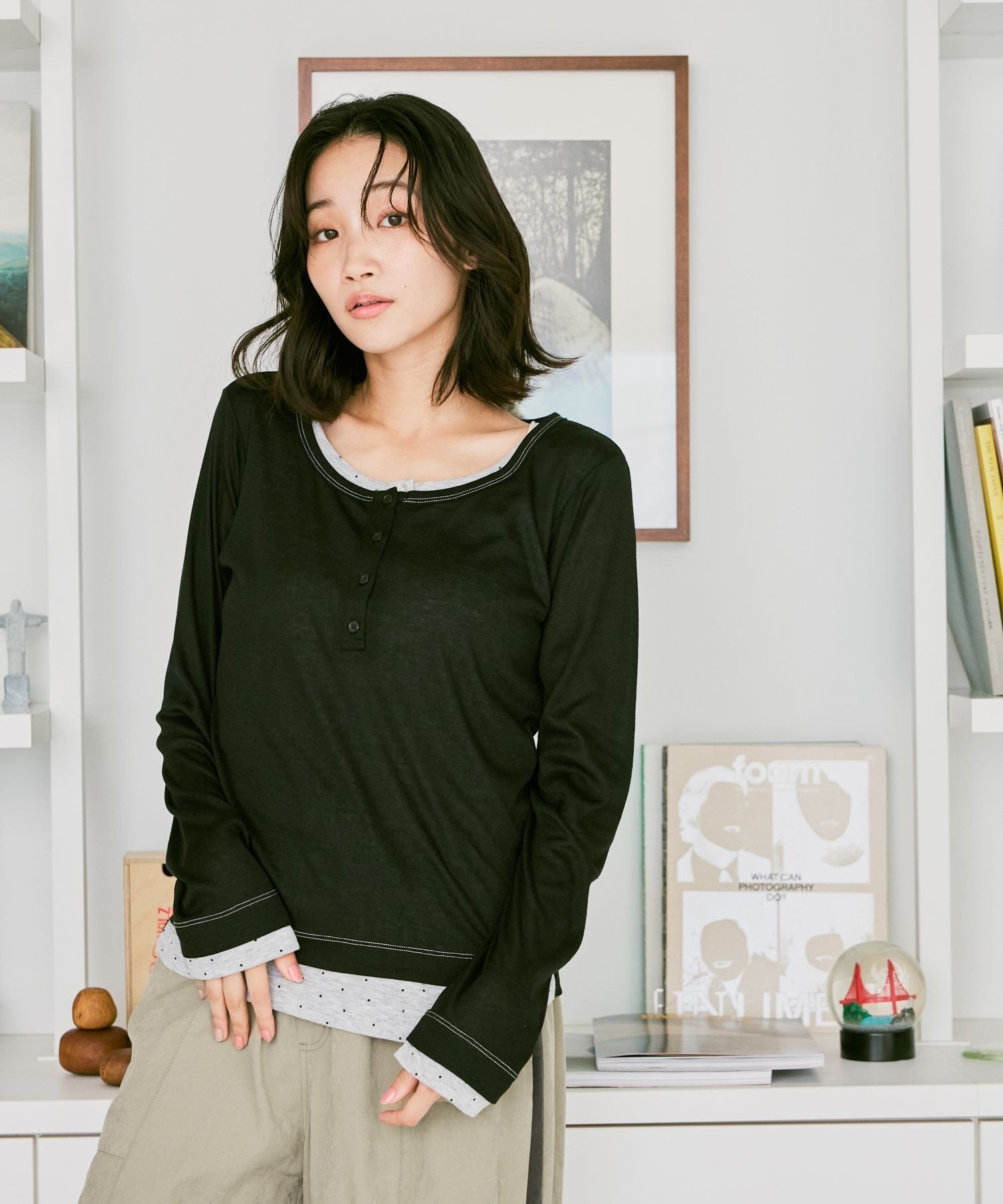 niko and ... 《レビュー高評価4.8以上》ヘンリーネックレイヤードTシャツ ニコアンド トップス カットソー・Tシャツ ブラック グレー ホワイト ブラウン