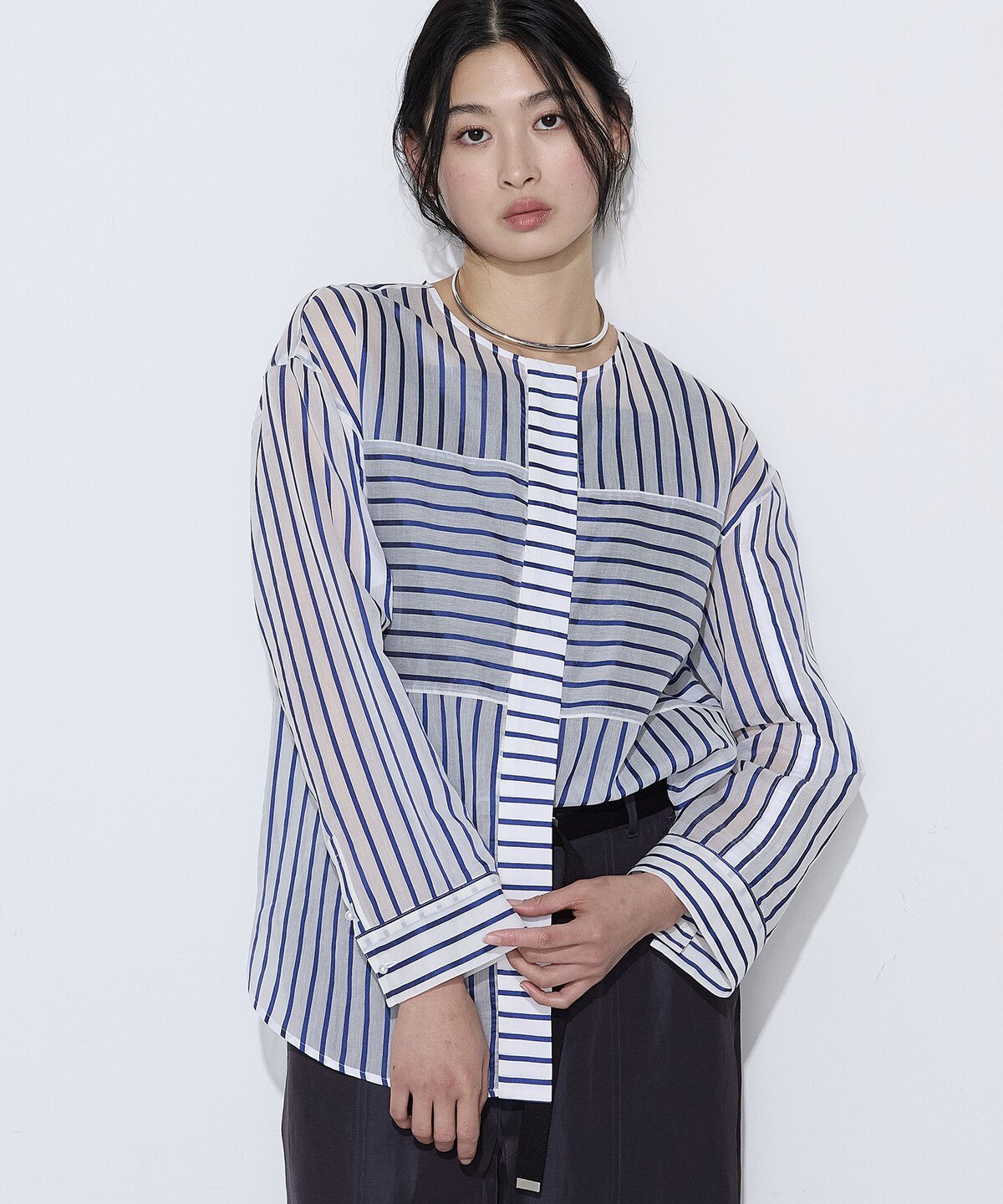 K.T KIYOKO TAKASE コットンシルク シアーストライプシャツ コムサ トップス シャツ・ブラウス ホワイト