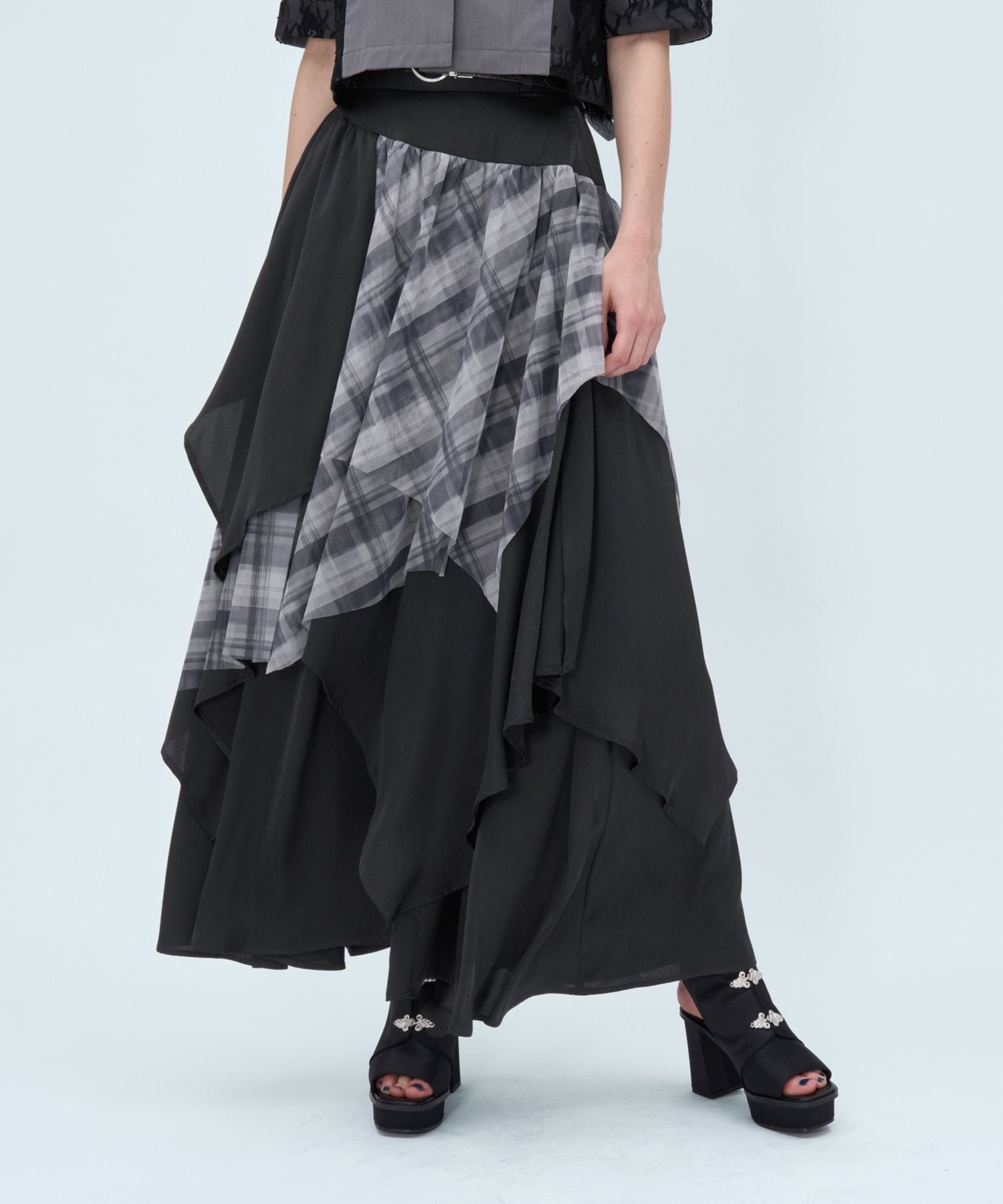 【SALE／50%OFF】HARE シアーガラティアードスカート ハレ スカート ロング・マキシスカート ブルー ブラック【送料無料】
