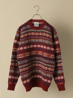 Shetland Wool Fair Isle Crewneck Sweater 116-05-0236: Wine Shetland Wool Fair Isle Crewneck Sweater 116-05-0236: Wine