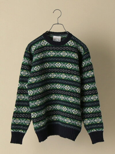 Shetland Wool Fair Isle Crewneck Sweater 116-05-0236: Green Shetland Wool Fair Isle Crewneck Sweater 116-05-0236: Green