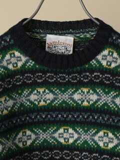 Shetland Wool Fair Isle Crewneck Sweater 116-05-0236: Green Shetland Wool Fair Isle Crewneck Sweater 116-05-0236: Green
