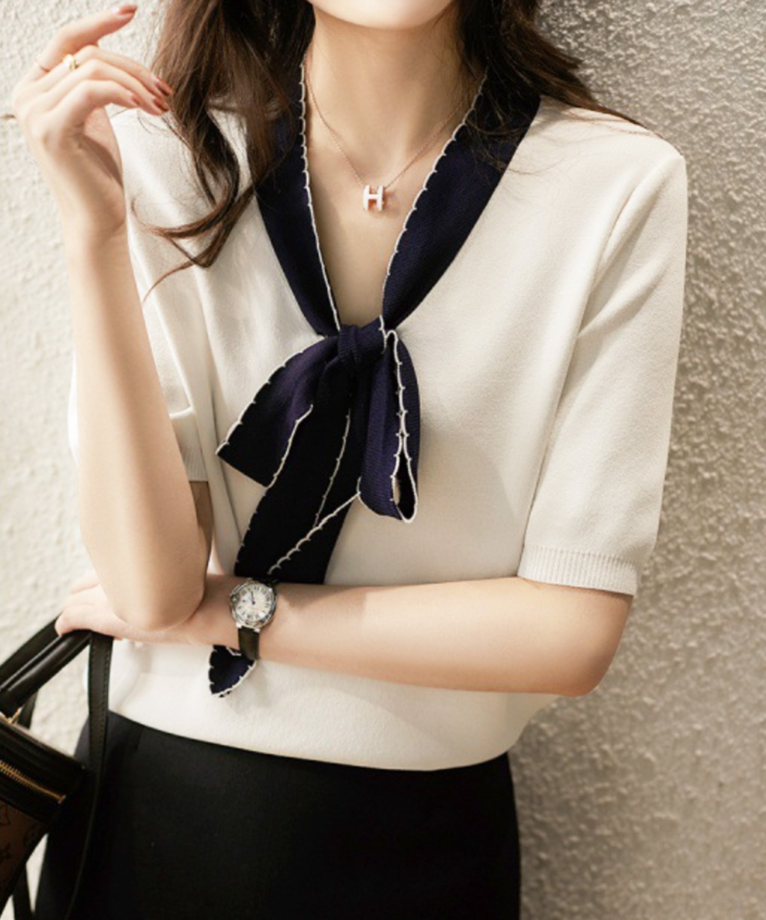 【SALE／56%OFF】Dewlily 【Dewlily】リボンサマーニット アミュレット トップス ニット ネイビー ホワイト