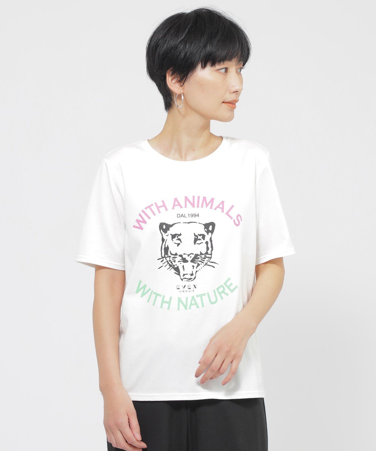 【カタログ掲載品】【ウォッシャブル】アニマルロゴプリントカットソー エヴェックス バイ クリツィア トップス カットソー・Tシャツ ピンク ホワイト