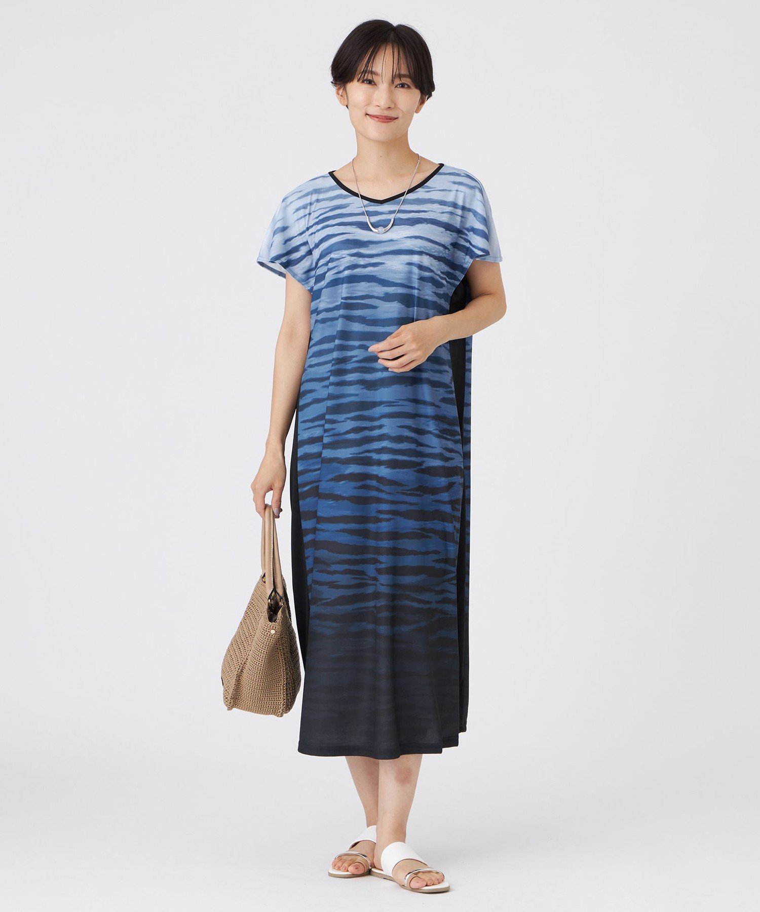 【SALE／50%OFF】EVEX by KRIZIA 【L】【接触冷感】【ウォッシャブル】グラデーションゼブラワンピース サンヨー エルサイズ ワンピース・ドレス ワンピース ブラウン ネイビー【送料無料】