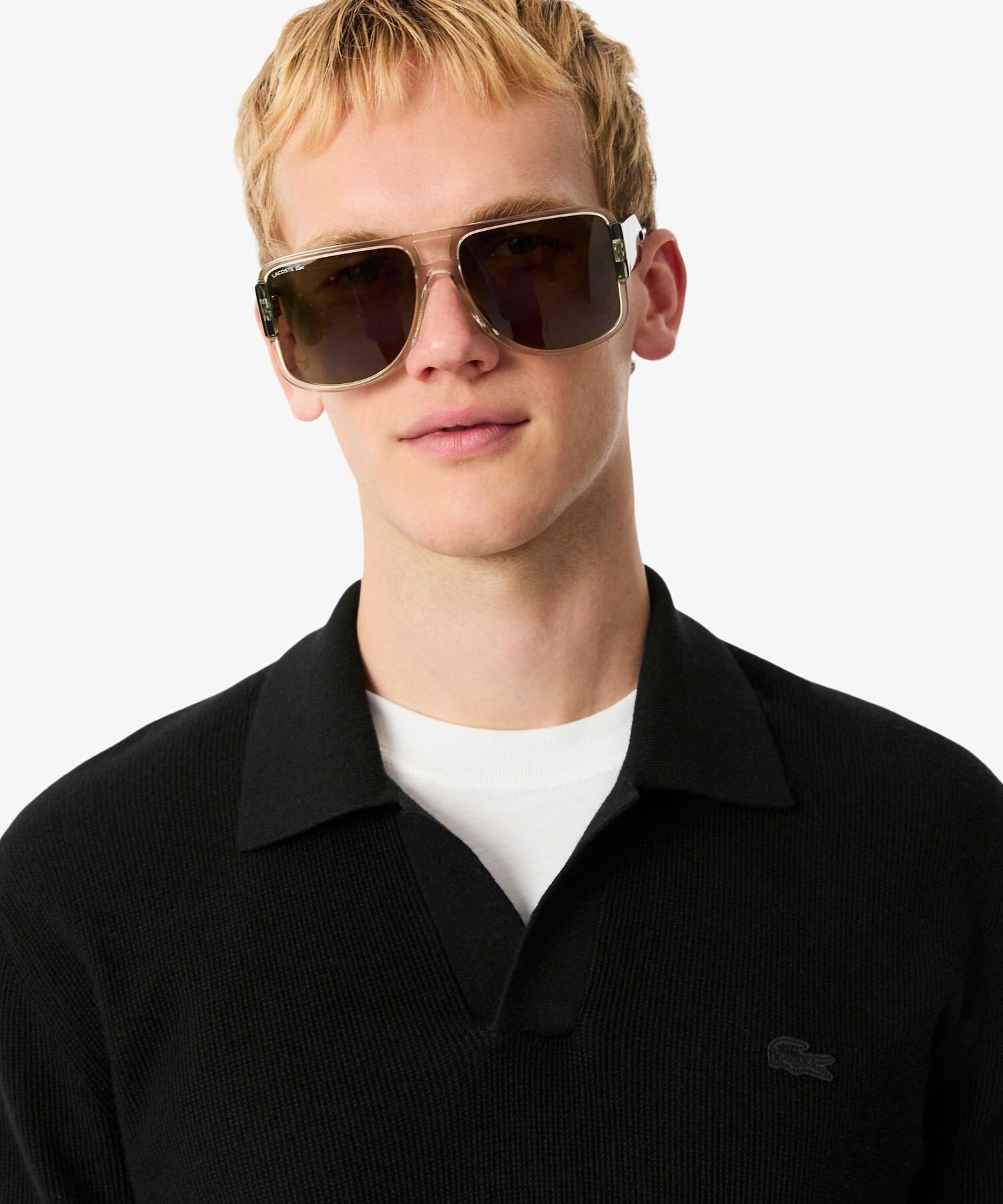【SALE／30%OFF】LACOSTE オープンカラーワッフルニット ラコステ トップス ニット ベージュ ブラック【送料無料】