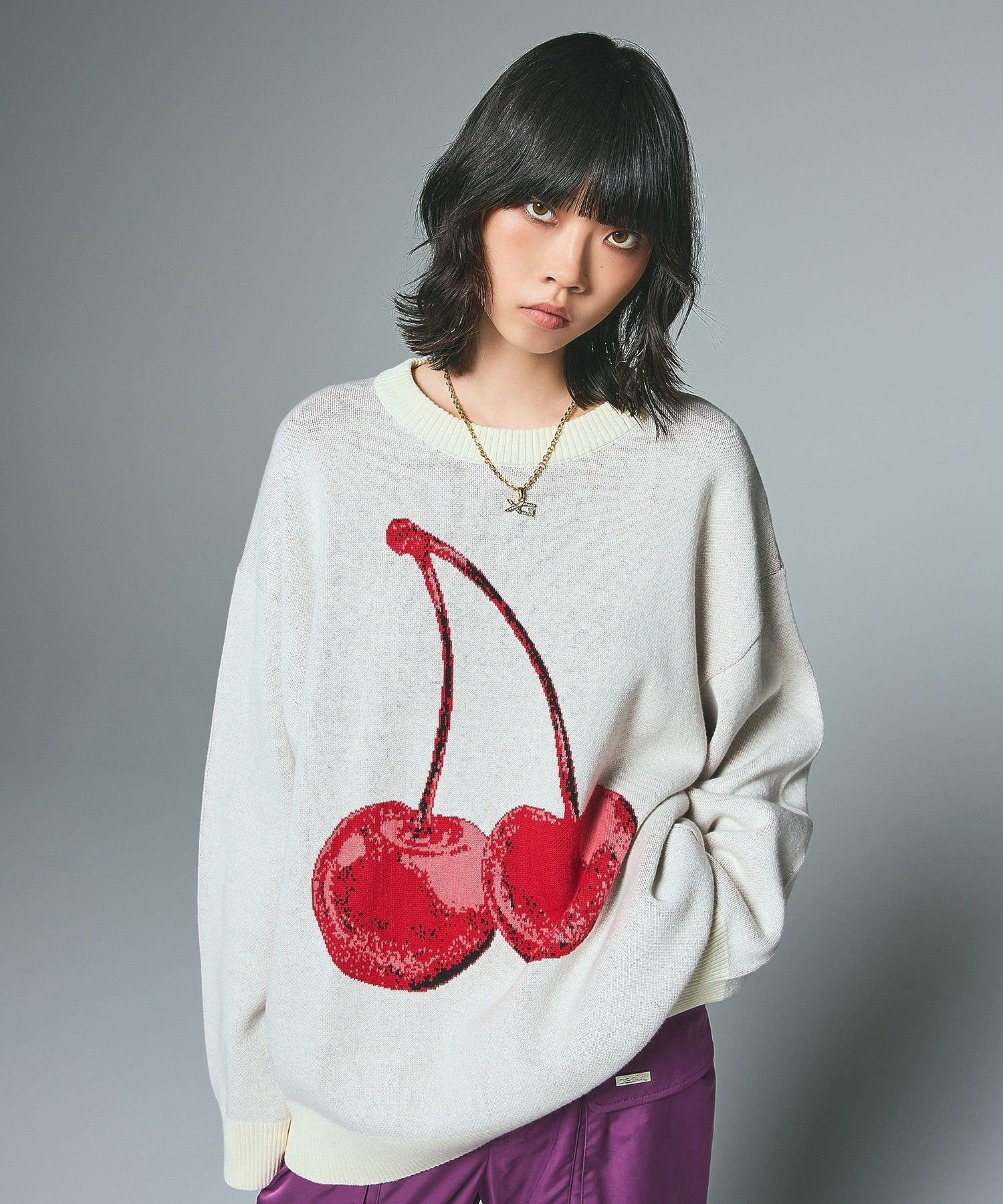 X-girl CHERRY JACQUARD KNIT TOP エックスガール トップス ニット ホワイト ブラック