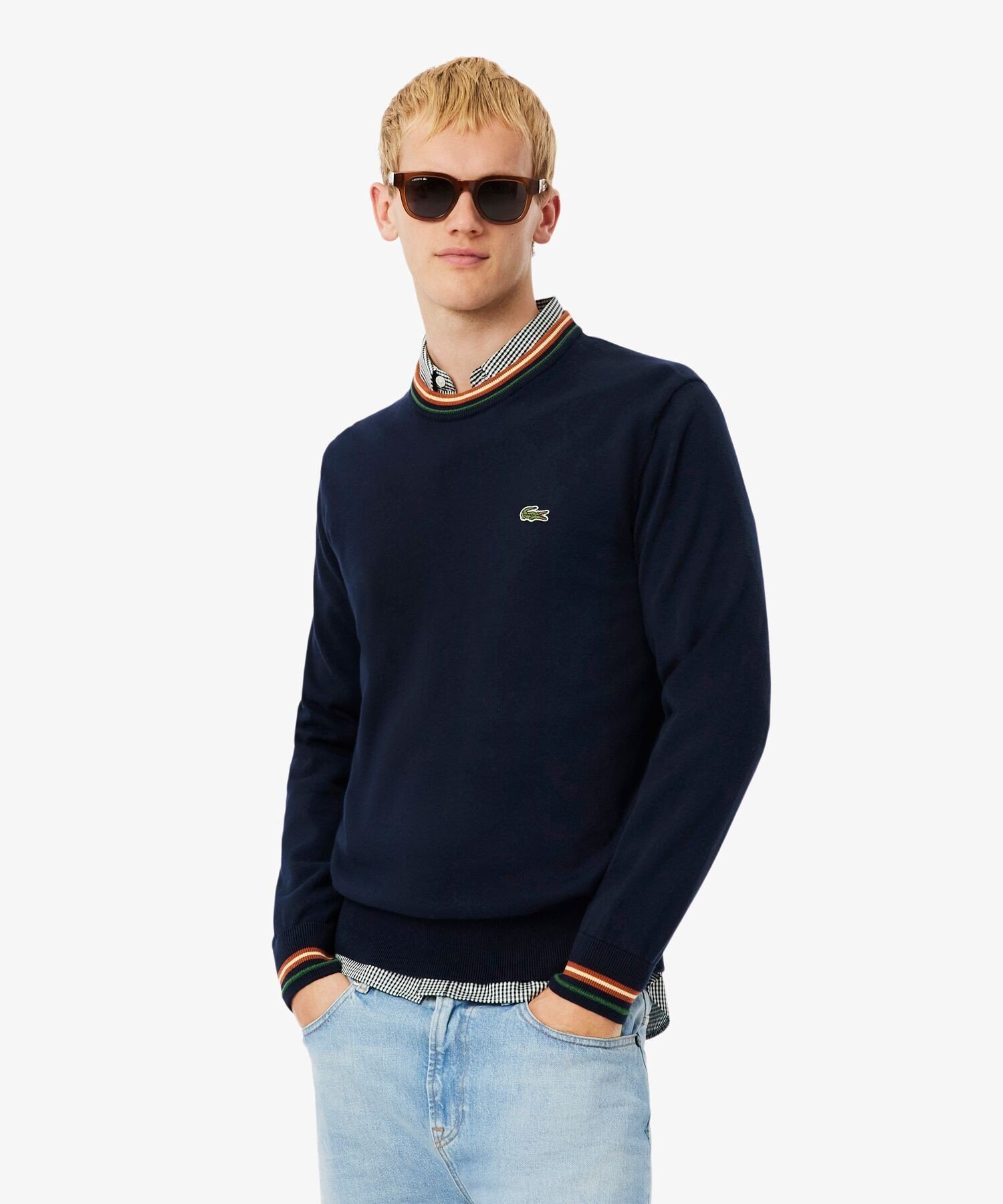 【SALE／30%OFF】LACOSTE ボーダーリブプルオーバーニット ラコステ トップス ニット ホワイト ネイビー【送料無料】