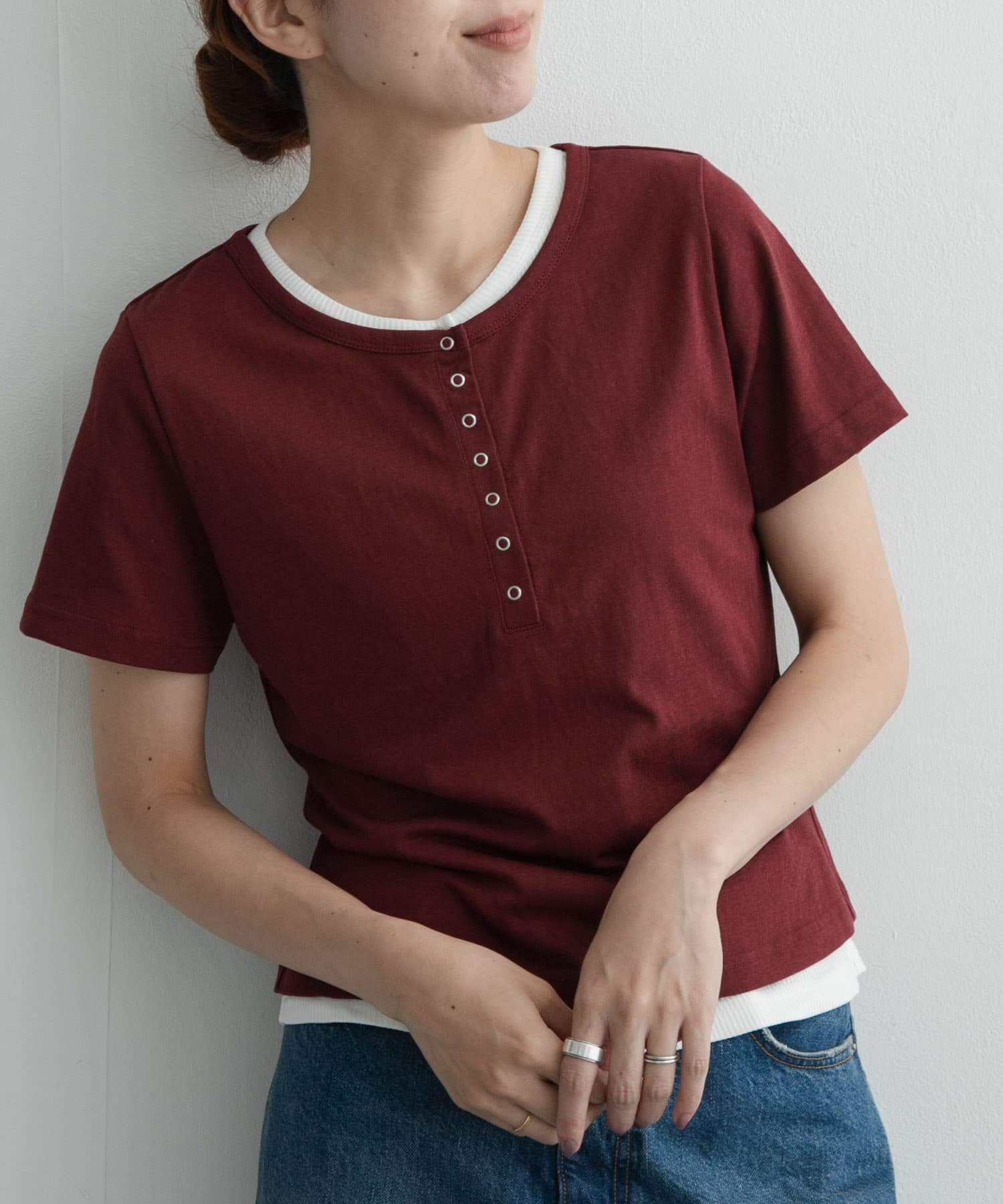 Sonny Label レイヤードライクヘンリーネックプルオーバー サニーレーベル トップス カットソー・Tシャツ ワインレッド ブラック ネイビー