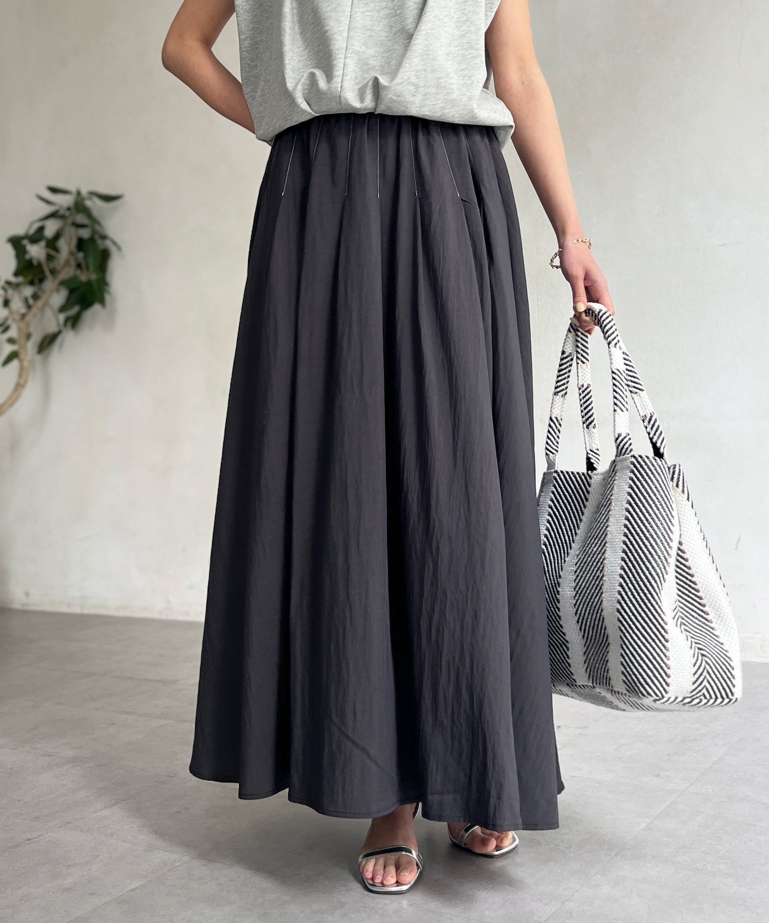 Chez toi ハリ感フレアスカート シェトワ スカート ロング・マキシスカート グレー ベージュ【送料無料】