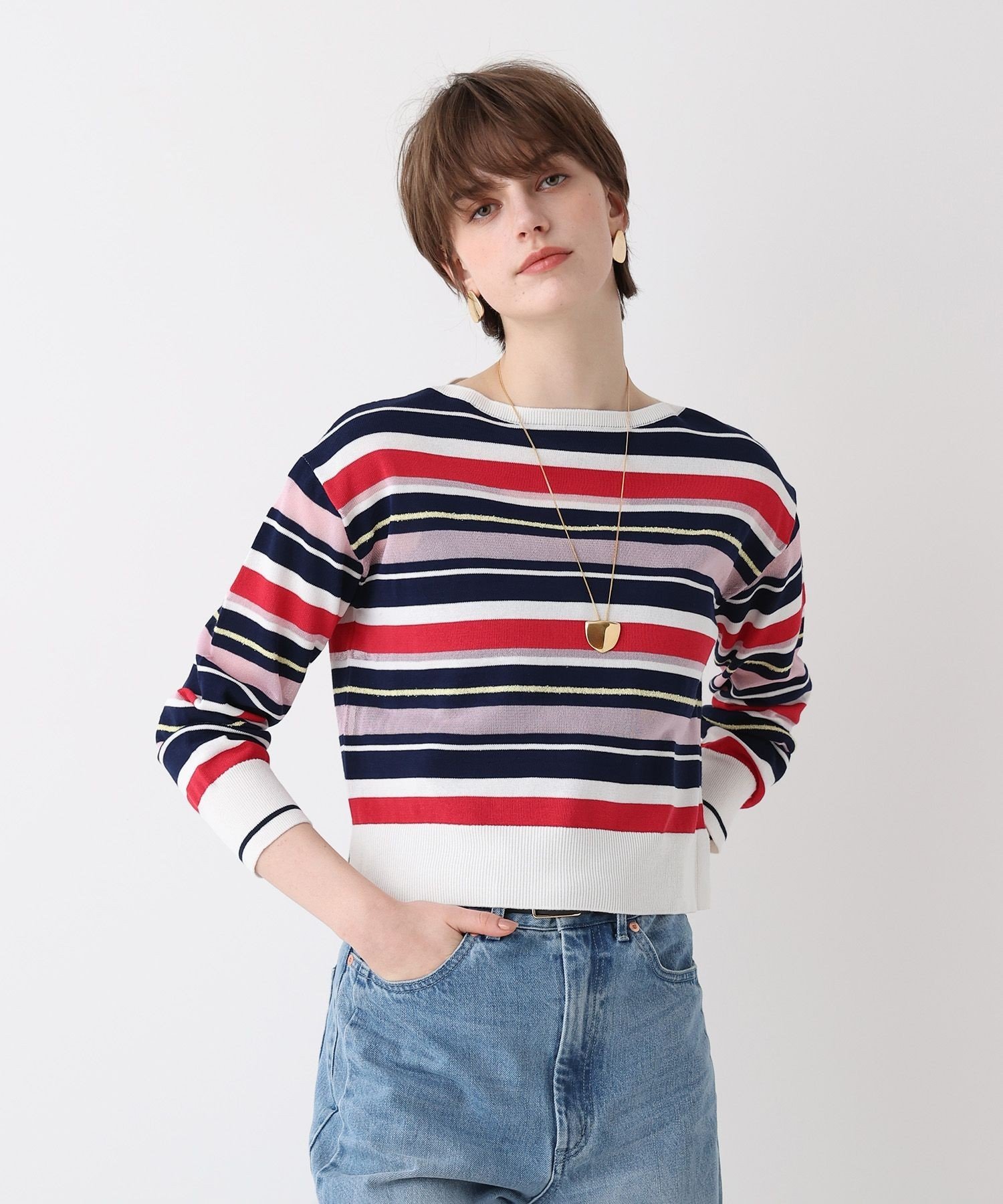 【SALE／50%OFF】allureville 異素材MIXマルチボーダープルオーバー アルアバイル トップス ニット レッド グリーン【送料無料】