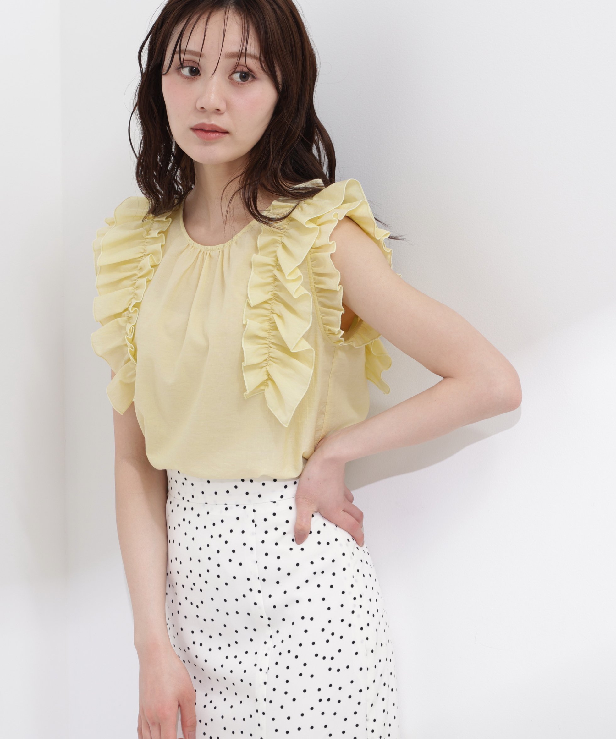 PROPORTION BODY DRESSING ボリュームラッフルブラウス プロポーションボディドレッシング トップス シャツ ブラウス ベージュ ブラック イエロー【送料無料】
