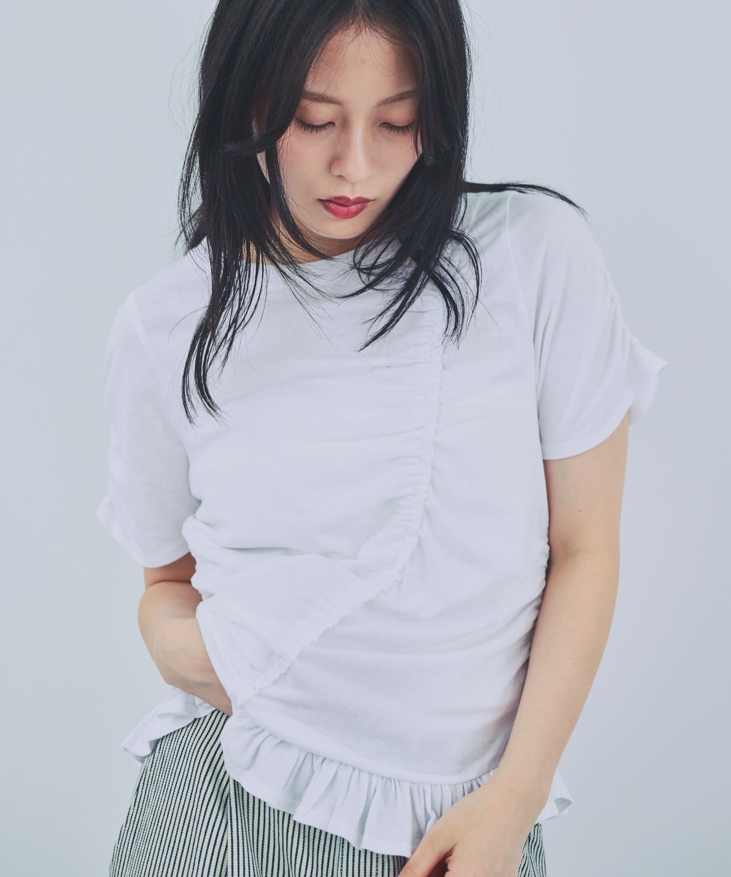 JEANASIS ギャザーヘムフリルTEE ジーナシス トップス カットソー・Tシャツ ブラック ピンク ホワイト