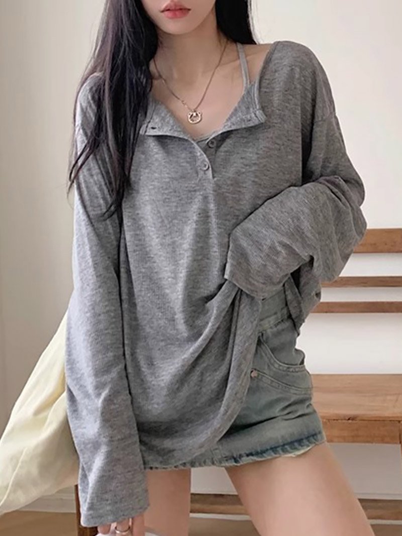 ヘンリーネックサイドスリット長袖カットソー レディース トップス ドゥー・ベル トップス カットソー・Tシャツ ホワイト グレー ブラック