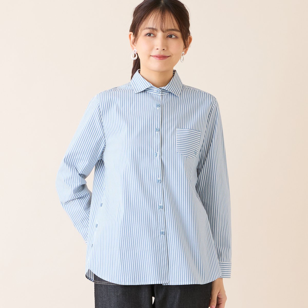 LOBJIE 【洗える】サイドスリットストライプシャツ ロブジェ トップス シャツ・ブラウス ベージュ ブルー