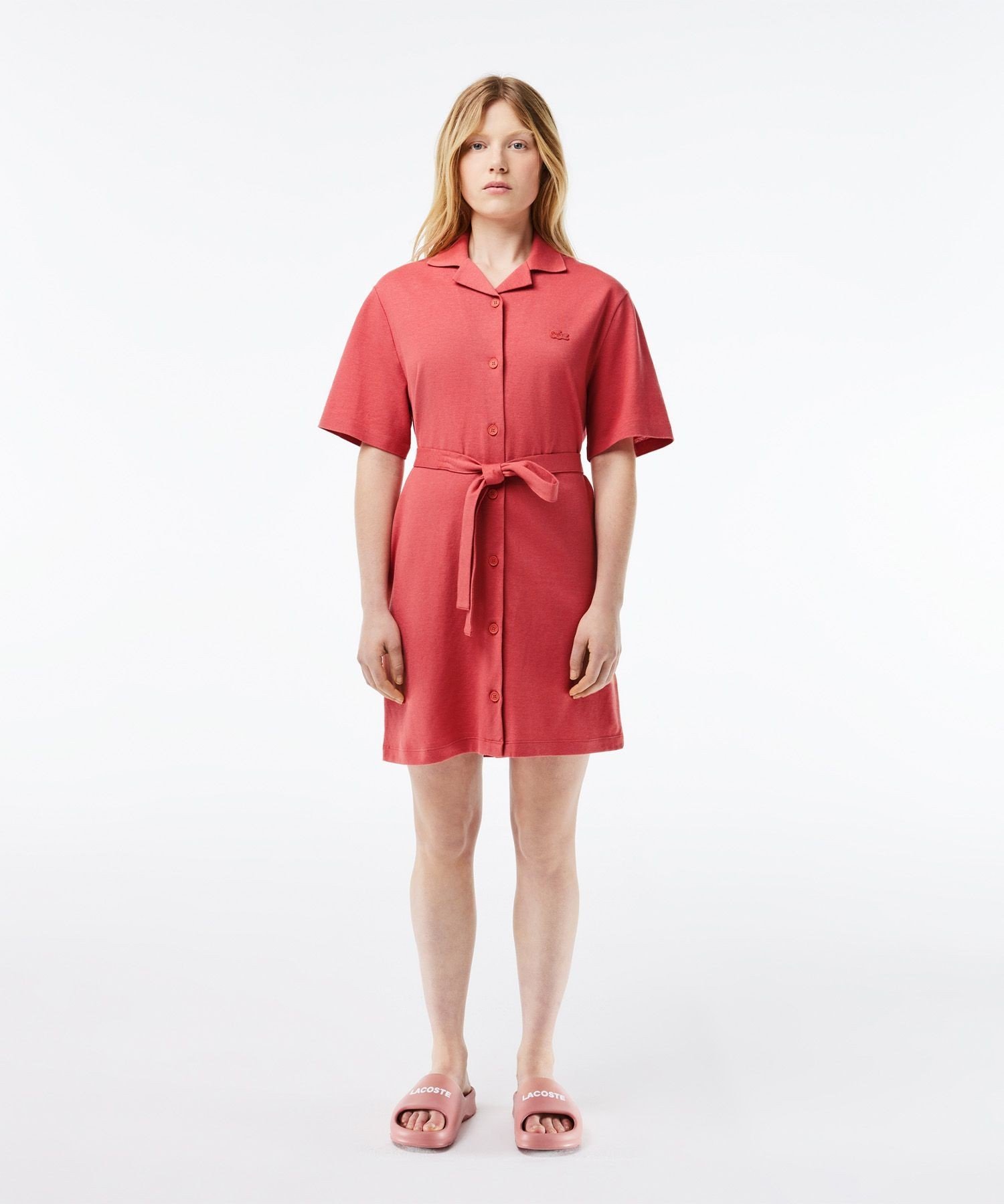 【SALE／50%OFF】LACOSTE オーガニックコットン リネン 鹿の子 オープンカラー シャツワンピース ドレス ラコステ ワンピース・ドレス シャツワンピース レッド ネイビー【送料無料】