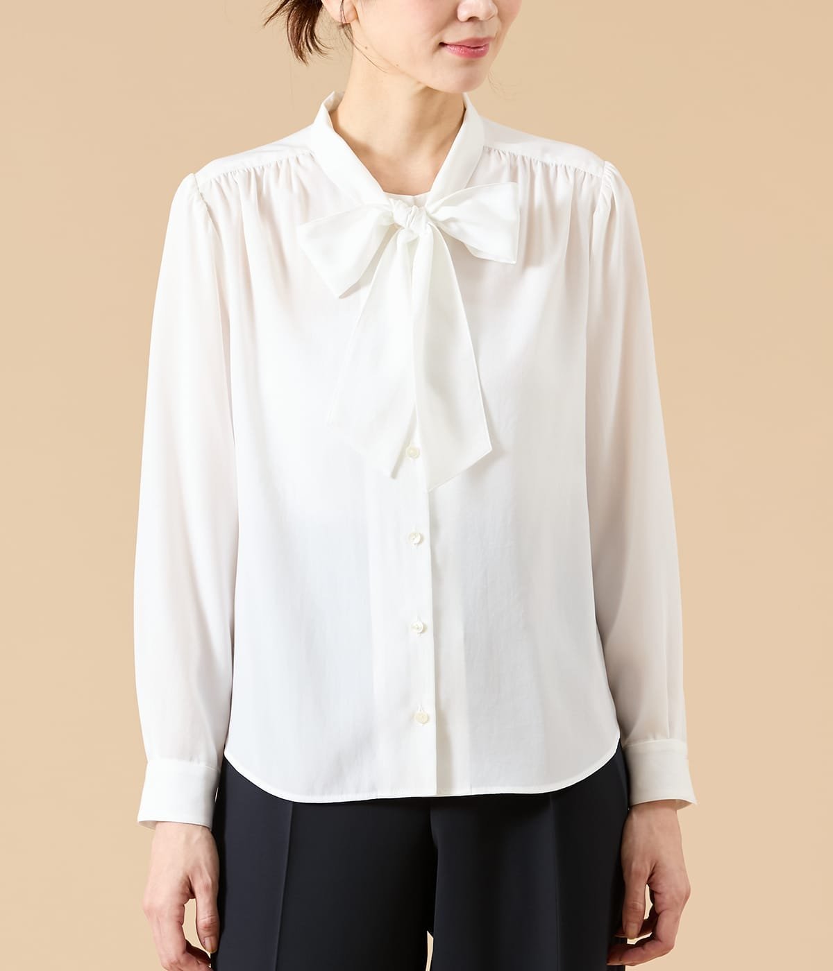 NEWYORKER WOMEN L-SIZE 【L】ライトデシン 長袖ボウタイブラウス ニューヨーカー エルサイズ トップス シャツ・ブラウス ネイビー ホワイト