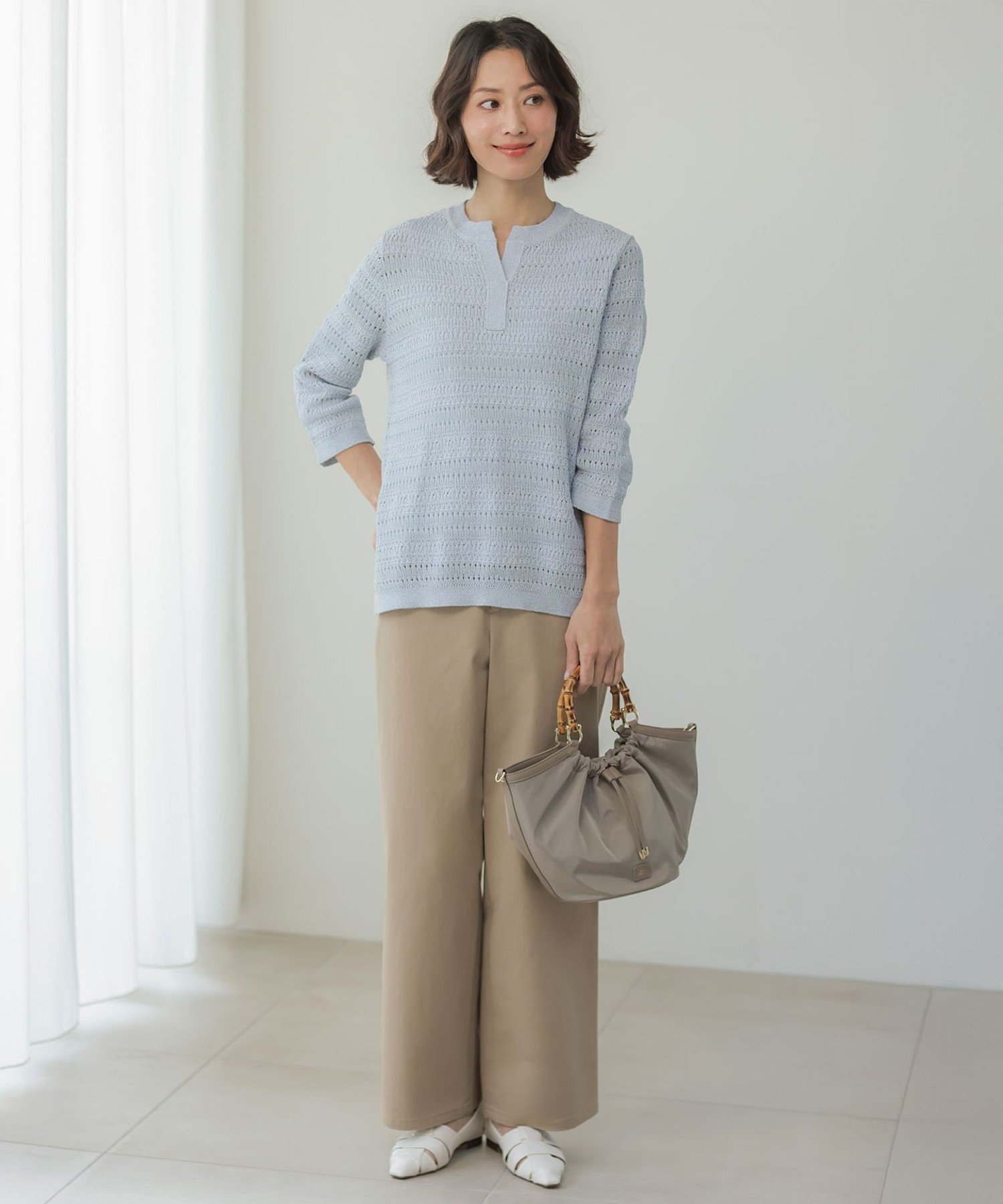 J.PRESS CROCHET LIKE PATTERN スキッパー ニット ジェイプレス トップス ニット ベージュ ブルー
