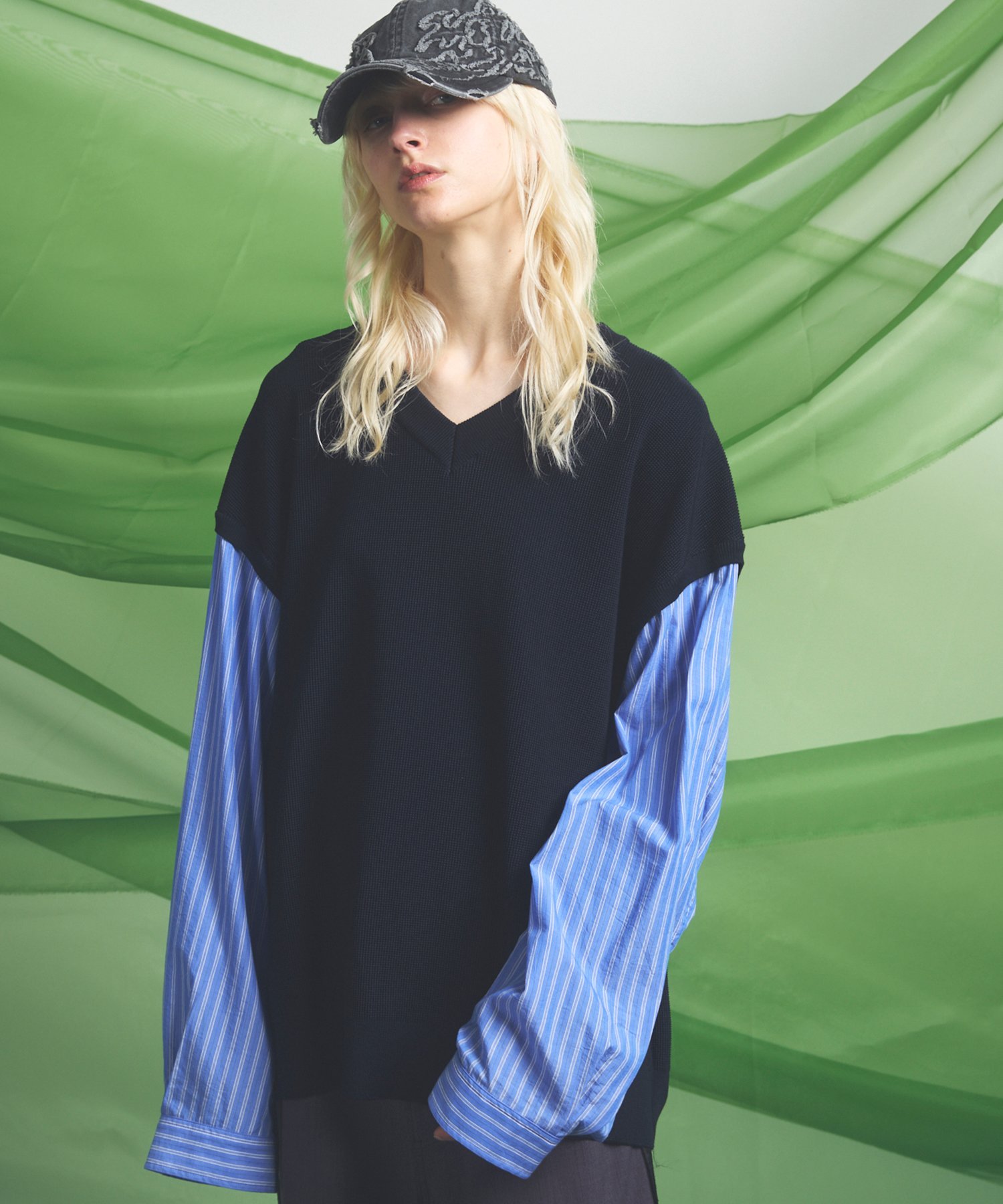 乐天商城 - MAISON SPECIAL Shirt Docking Prime-Over V-neck Knit Pullover メゾンスペシャル トップス スウェット・トレーナー ブラウン ネイビー【送料無料】