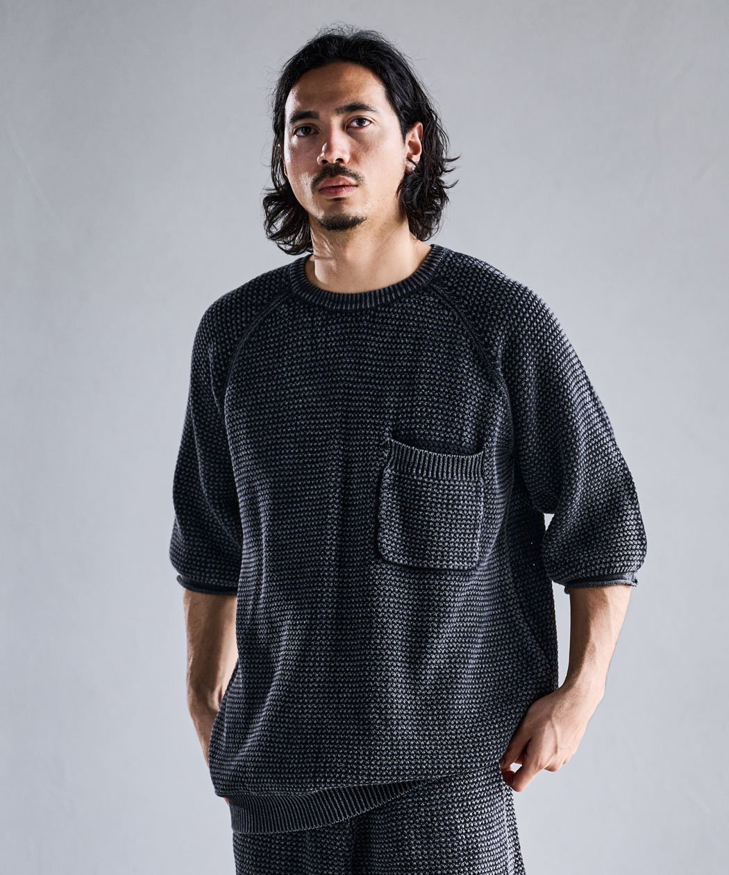 CavariA ワッフルSS シルバーバレット トップス カットソー・Tシャツ ネイビー グレー ブラック