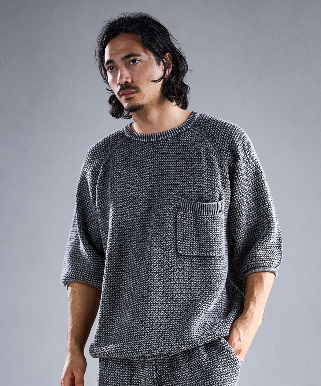 CavariA ワッフルSS シルバーバレット トップス カットソー・Tシャツ ネイビー グレー ブラック