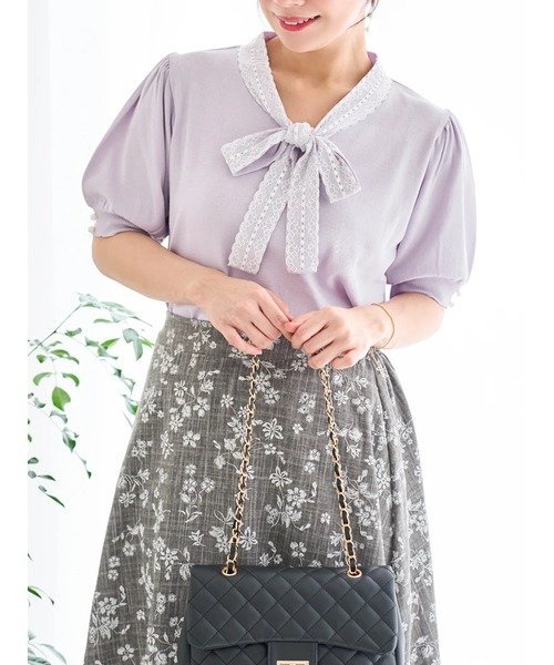 Re-J&SUPURE 【接触冷感】レースボウタイニットトップス リジェイアンドスプル トップス ニット ホワイト