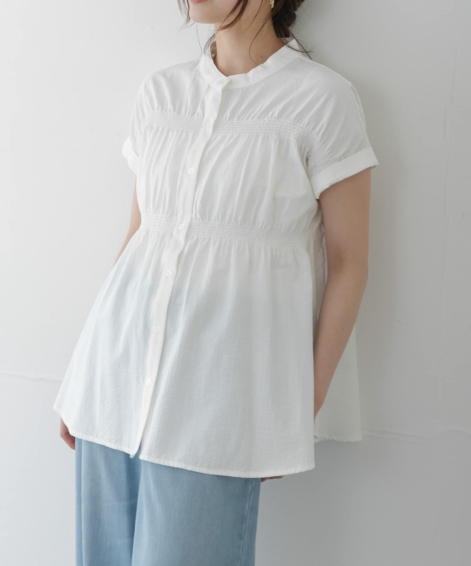 Sonny Label バンドカラーシャーリングブラウス サニーレーベル トップス シャツ・ブラウス ブルー グリーン ホワイト