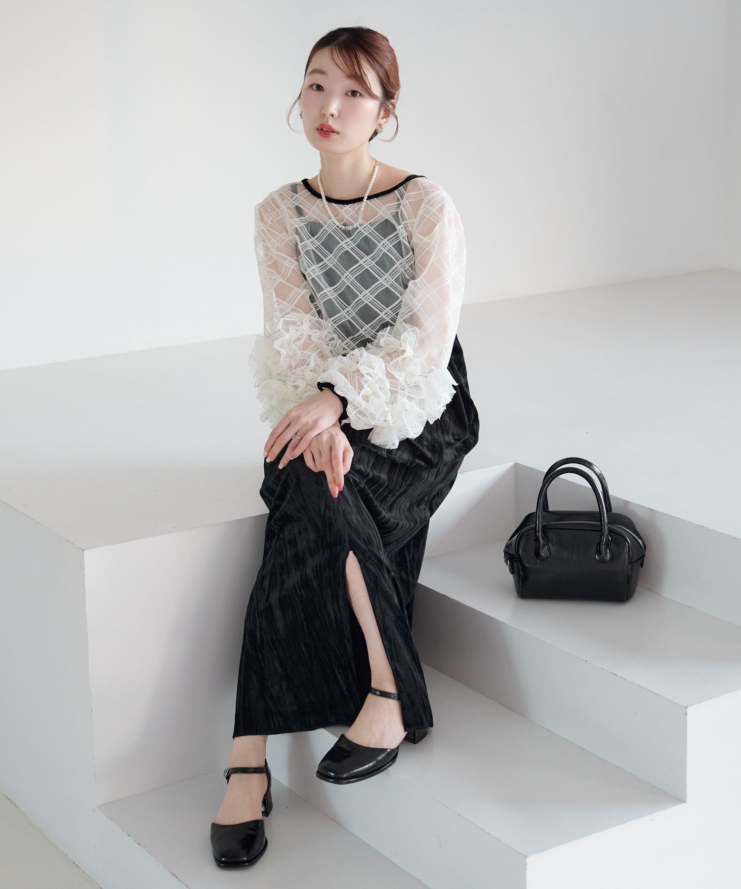 PAL GROUP OUTLET 【Kastane】シアーチェック×ベロアワンピースSET パル グループ アウトレット ワンピース・ドレス その他のワンピース・ドレス ブラック ホワイト