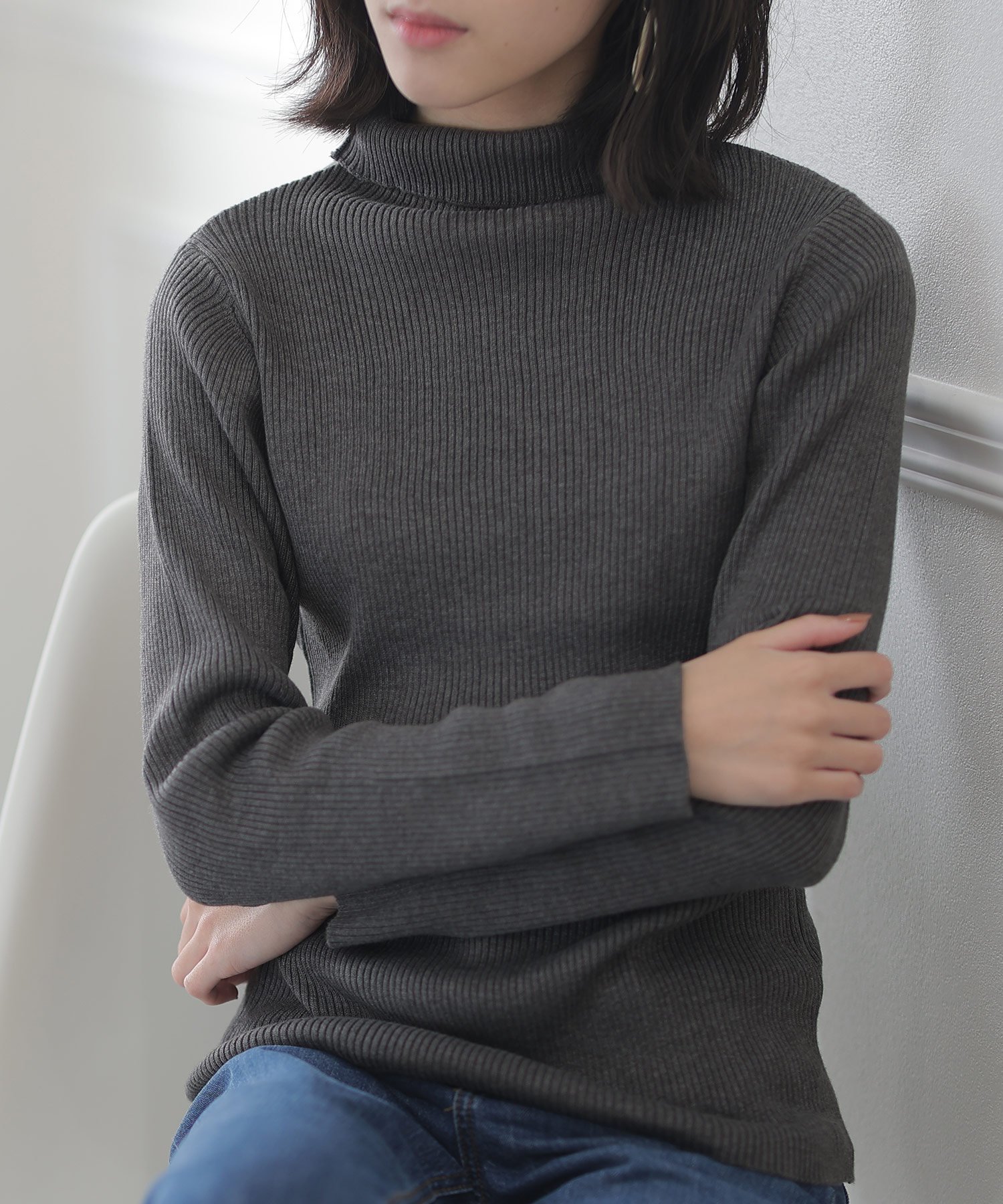 PourVous ハイネックスリムリブニット プールヴー トップス ニット ホワイト グリーン ブラック グレー レッド