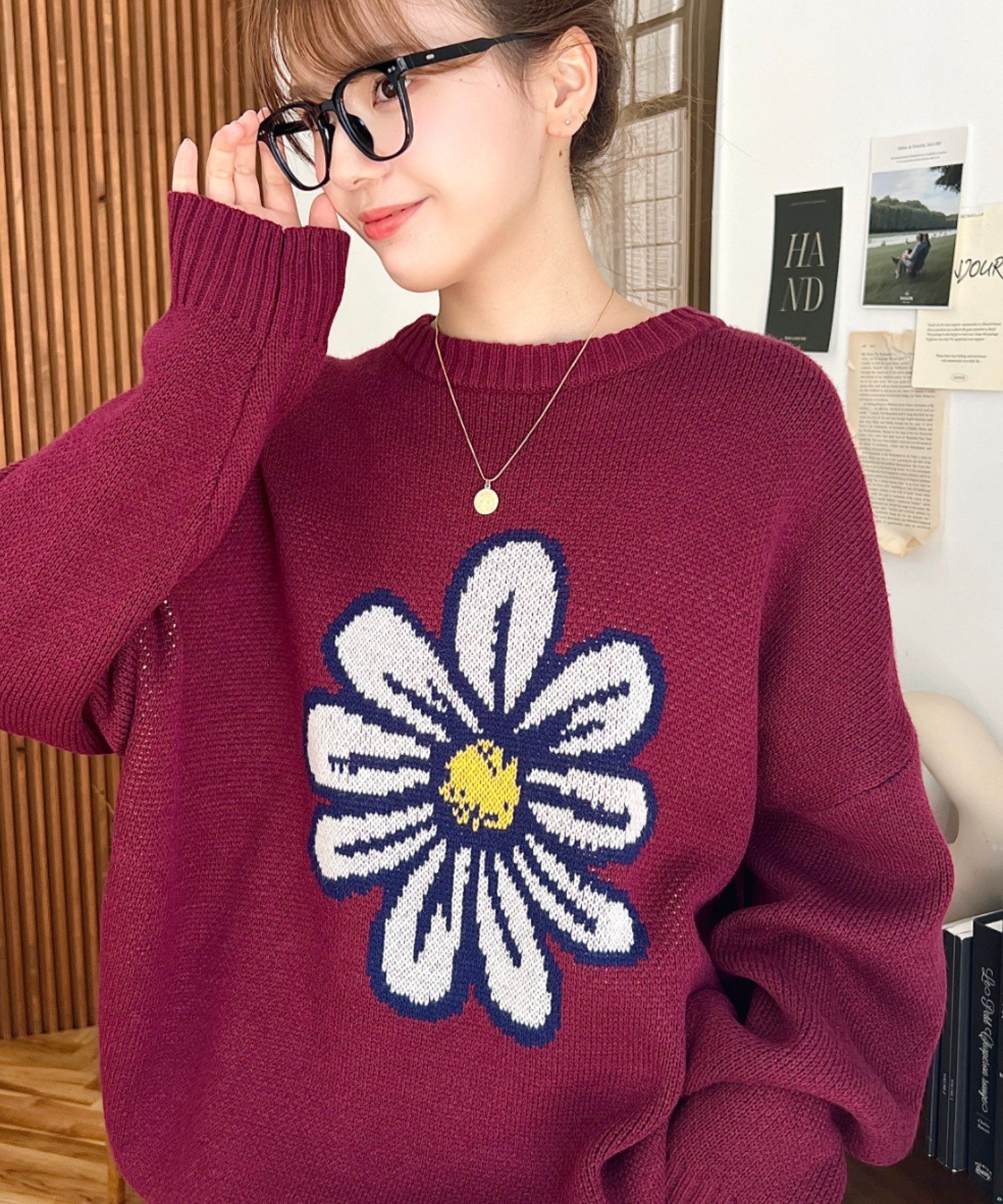 moment+ フラワージャガードニットプルオーバー モーメントプラス トップス ニット ホワイト レッド ネイビー ブラック ワインレッド