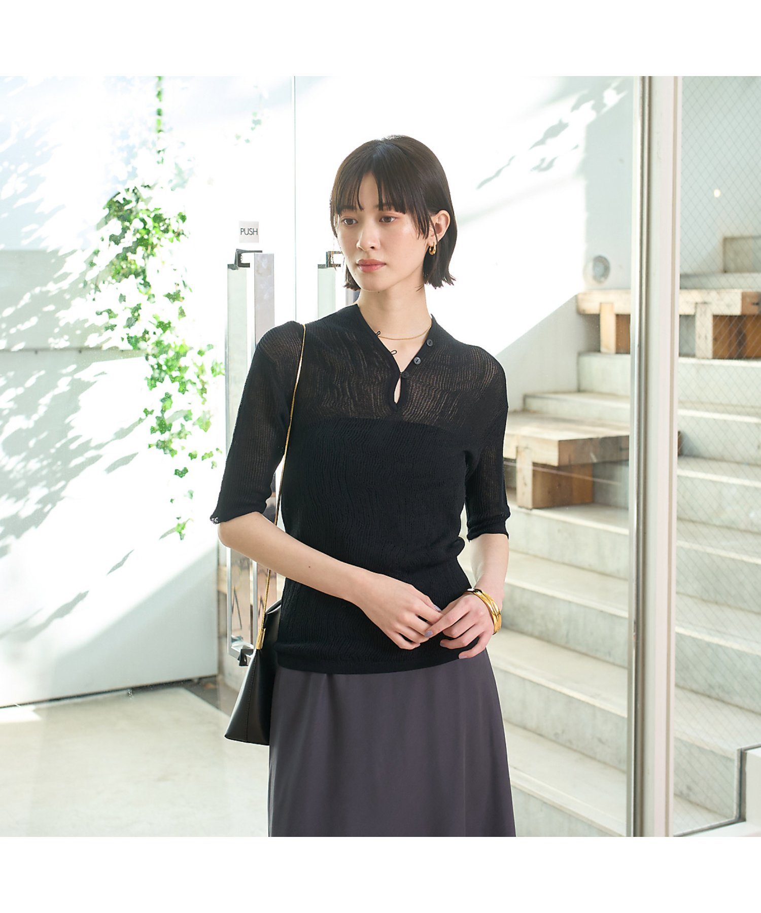 Rouge vif la cle 両畦スリットシアーニットプルオーバー ルージュ・ヴィフ ラクレ トップス ニット ブルー ブラック