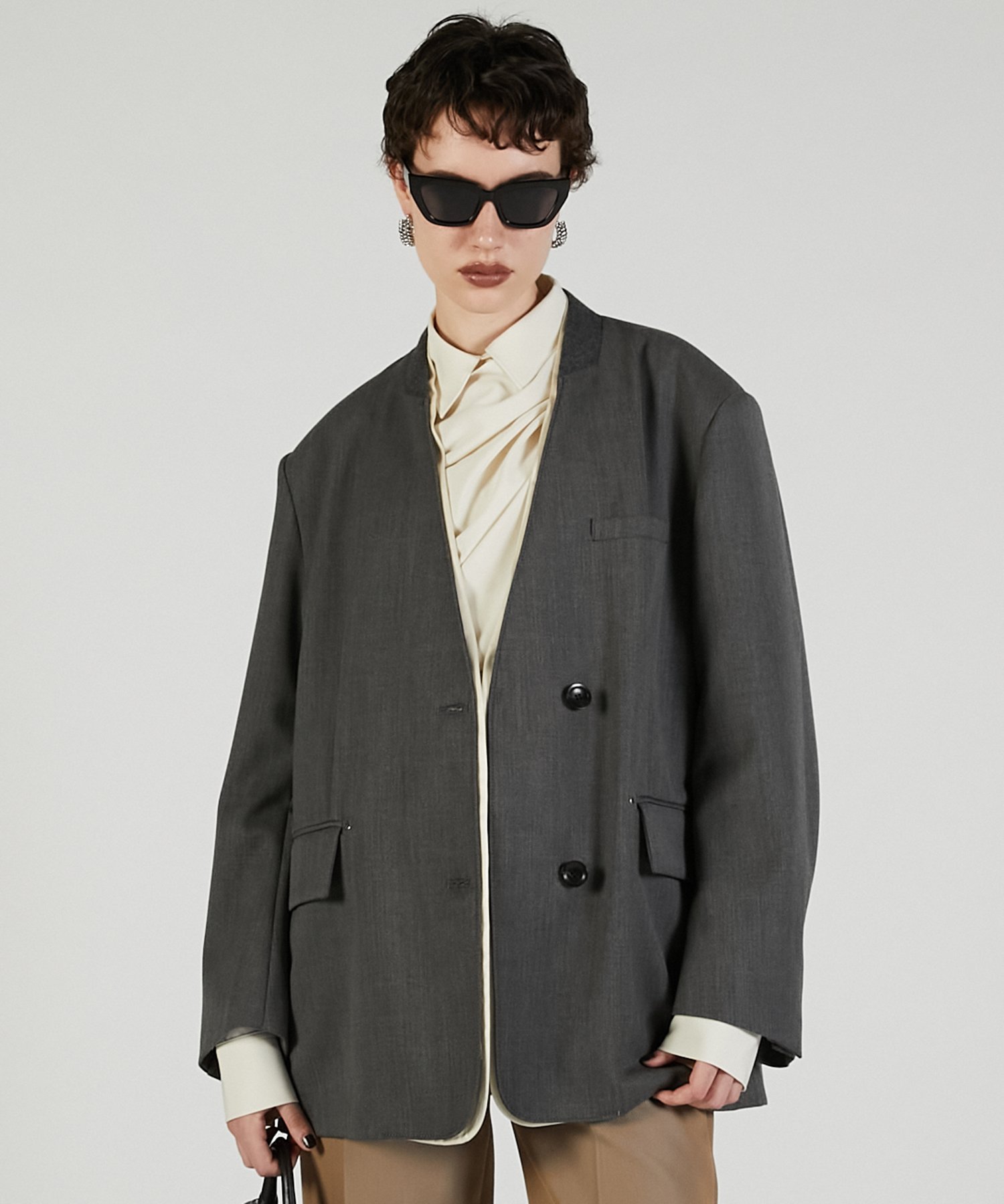 PRANK PROJECT ノーカラービッグジャケット プランク プロジェクト ジャケット・アウター ノーカラージャケット グレー ブラック【送料無料】のサムネイル