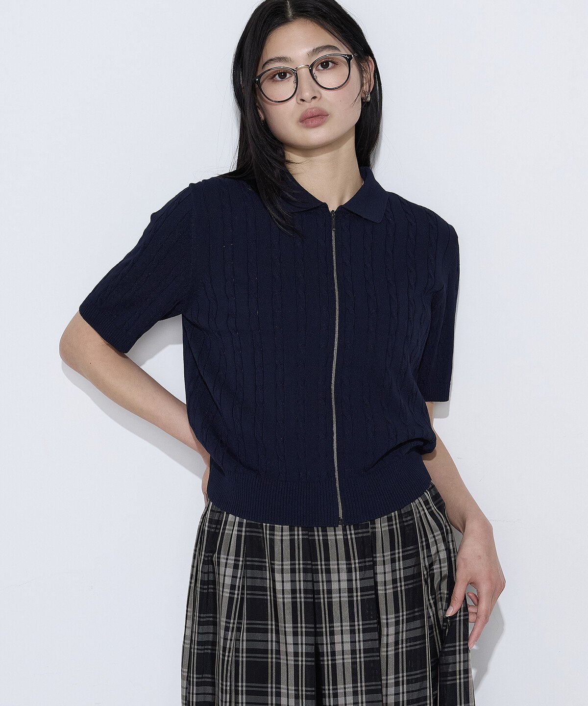 【SALE／20%OFF】COMME CA コットンダルストレッチ ケーブルジップカーディガン コムサ トップス カーディガン ネイビー ホワイト グリーン【送料無料】