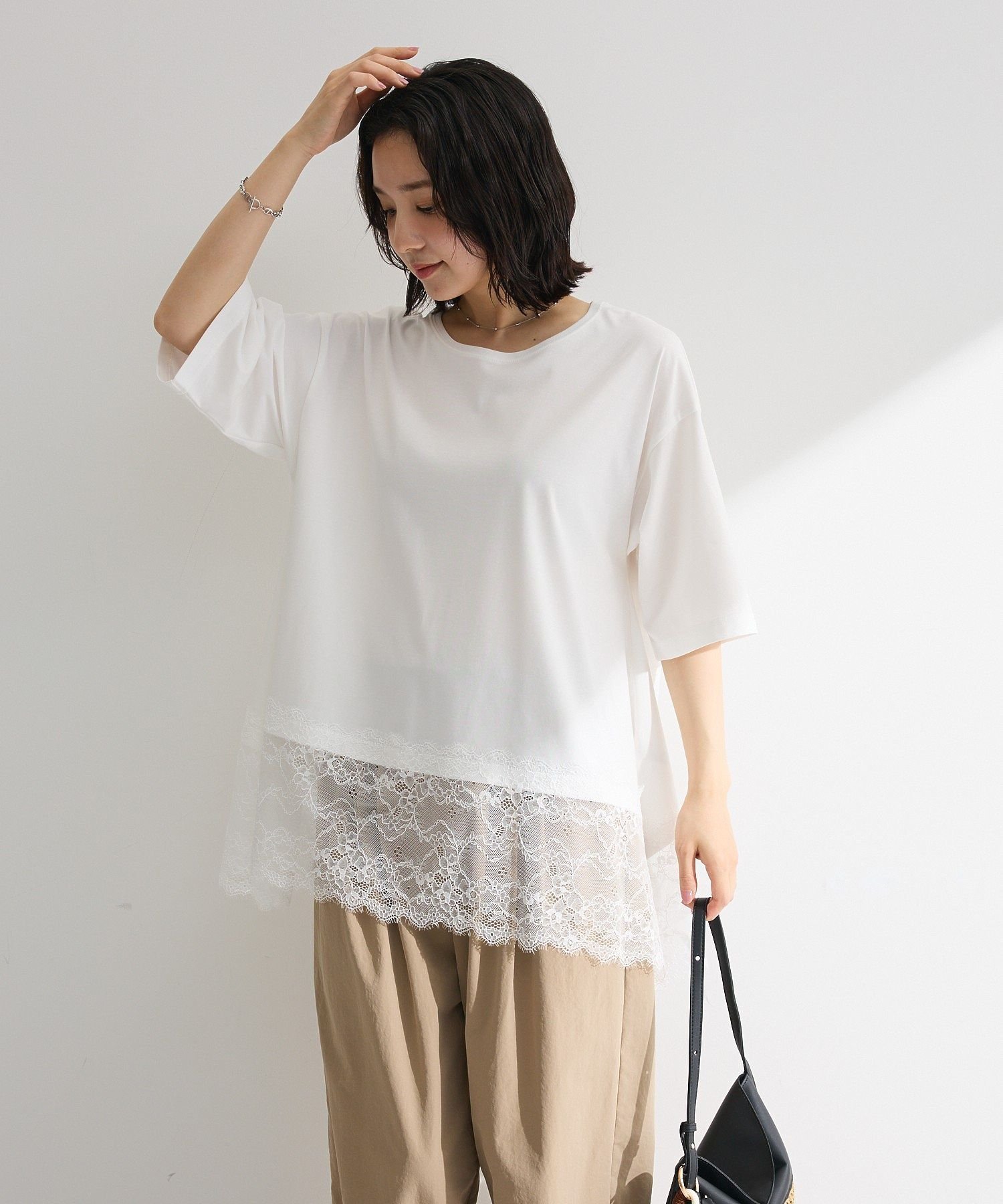 Green Parks 【予約】裾イレヘムレースプルオーバー グリーンパークス トップス カットソー・Tシャツ グレー ブラック ホワイト