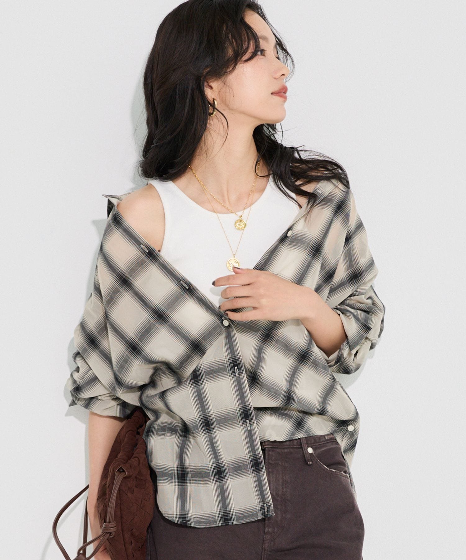シアーチェックシャツ / JAPAN FABRIC【WEB限定カラー】 バンヤードストーム トップス シャツ・ブラウス ブラック ベージュ ブラウン
