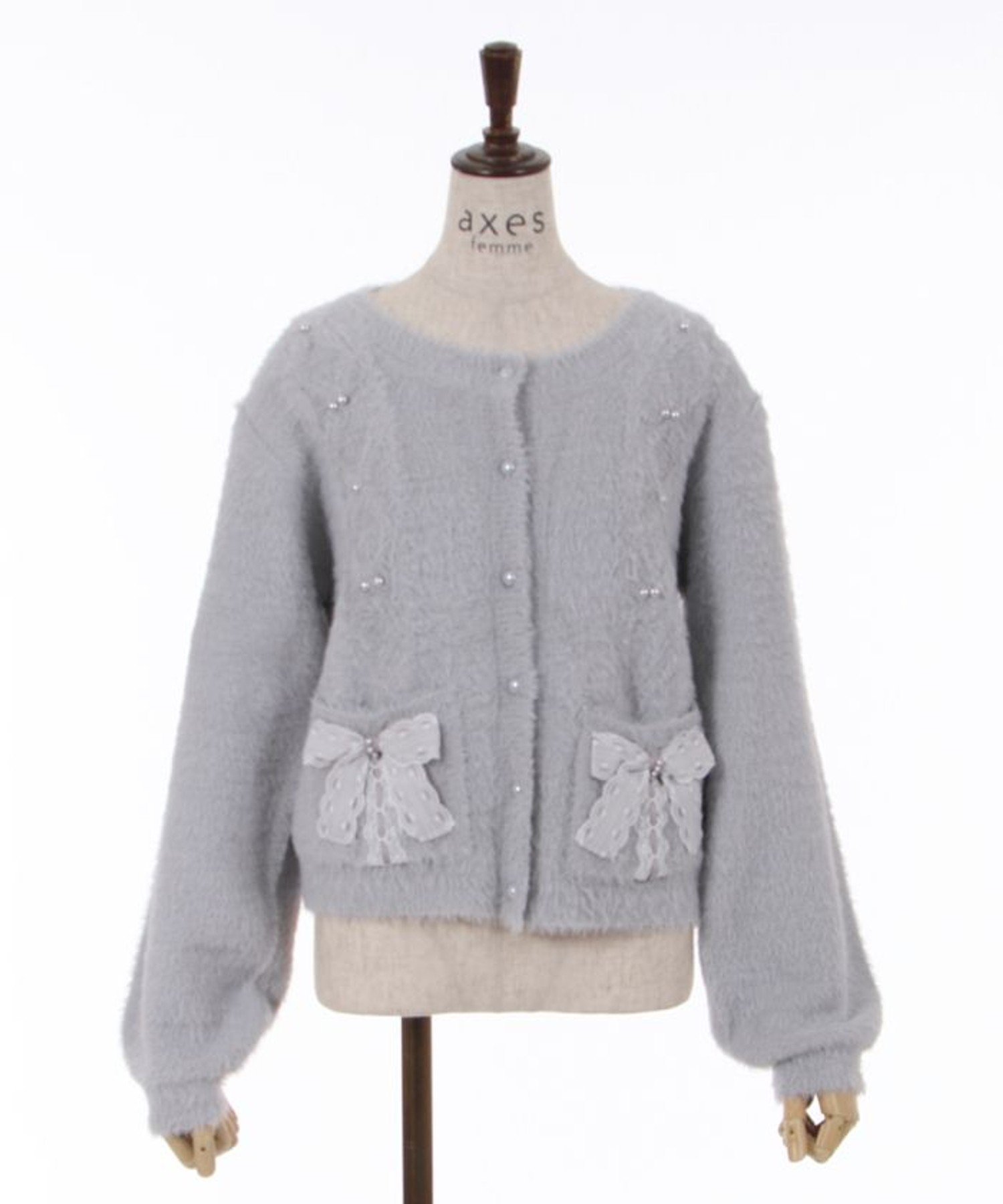 【SALE／33%OFF】axes femme リボン付フェザーニットCD アクシーズファム トップス カーディガン ホワイト グレー ピンク【送料無料】のサムネイル