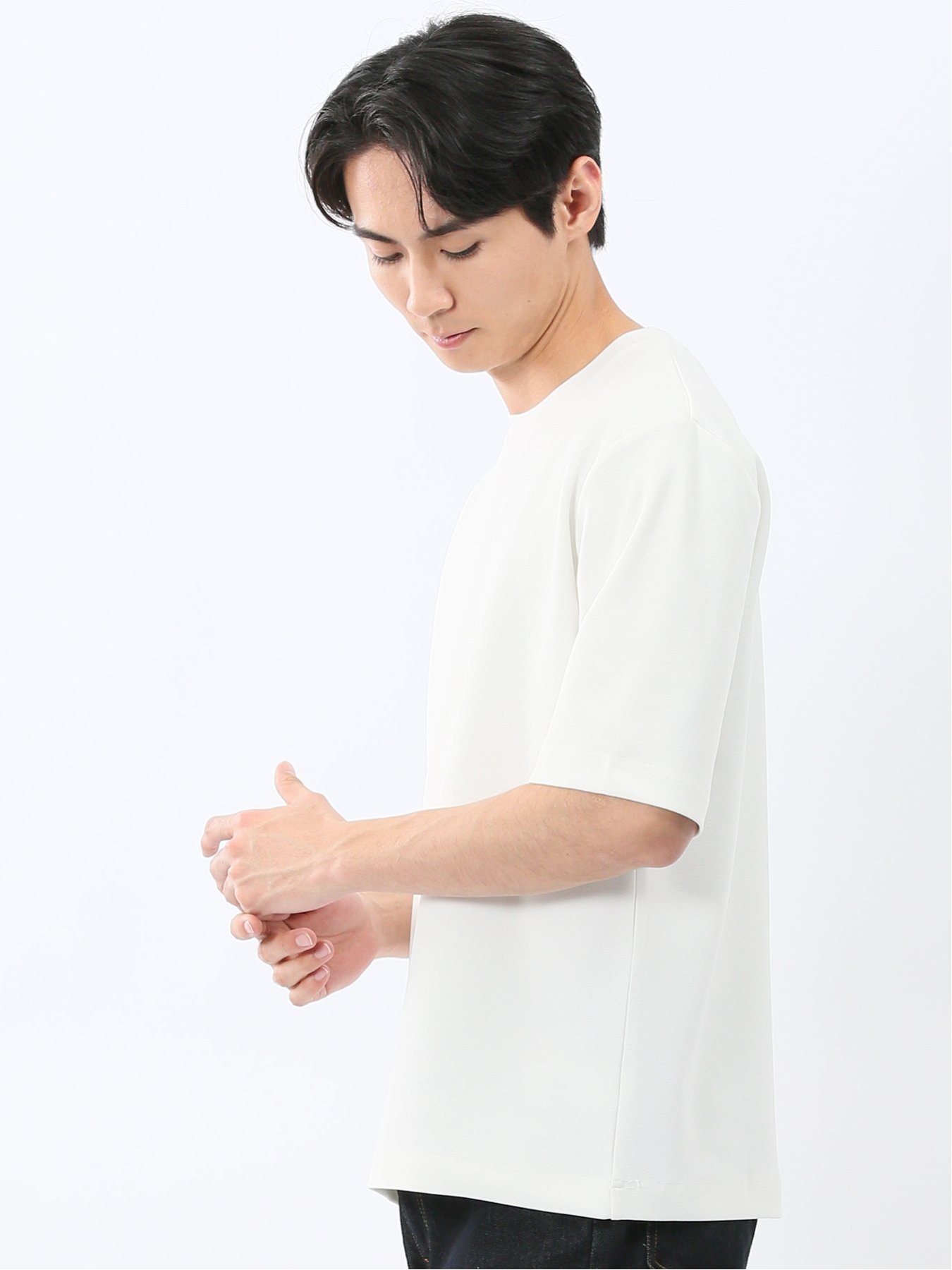 ストレッチ アムンゼン クルーネック 5分袖 Tシャツ タカキュー トップス カットソー・Tシャツ ホワイト ネイビー