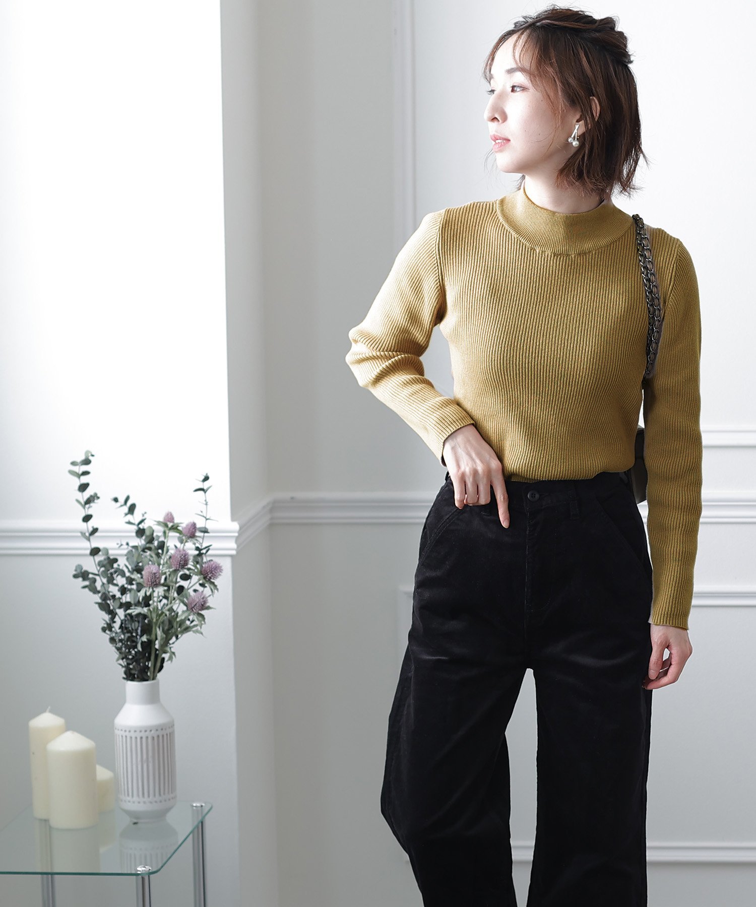 PourVous ハイネックリブニット プールヴー トップス ニット グリーン グレー レッド ブラック【送料無..