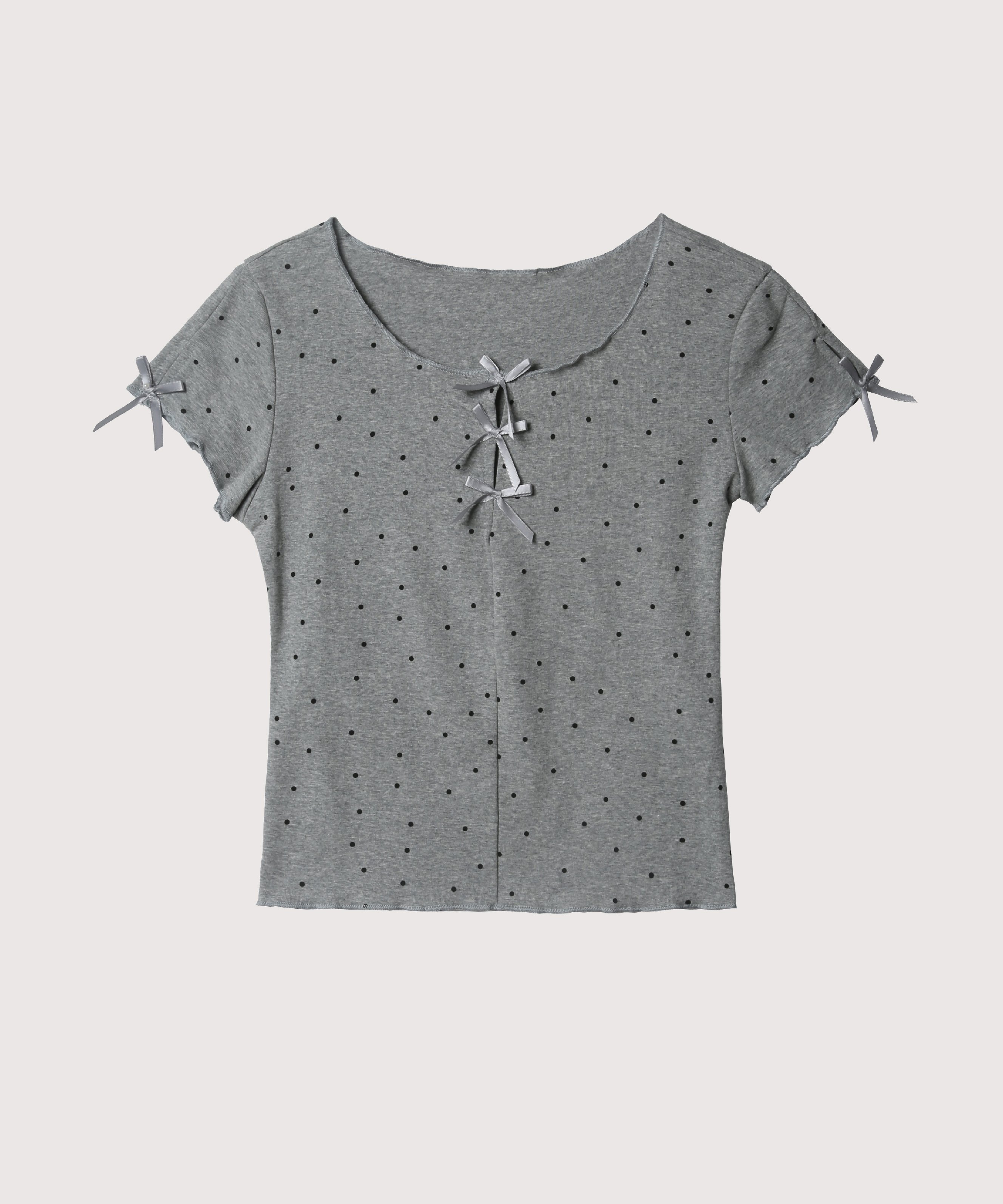 LA POMME petit Dots Ribbon Deco T ラポミ・プチ トップス カットソー・Tシャツ グレー