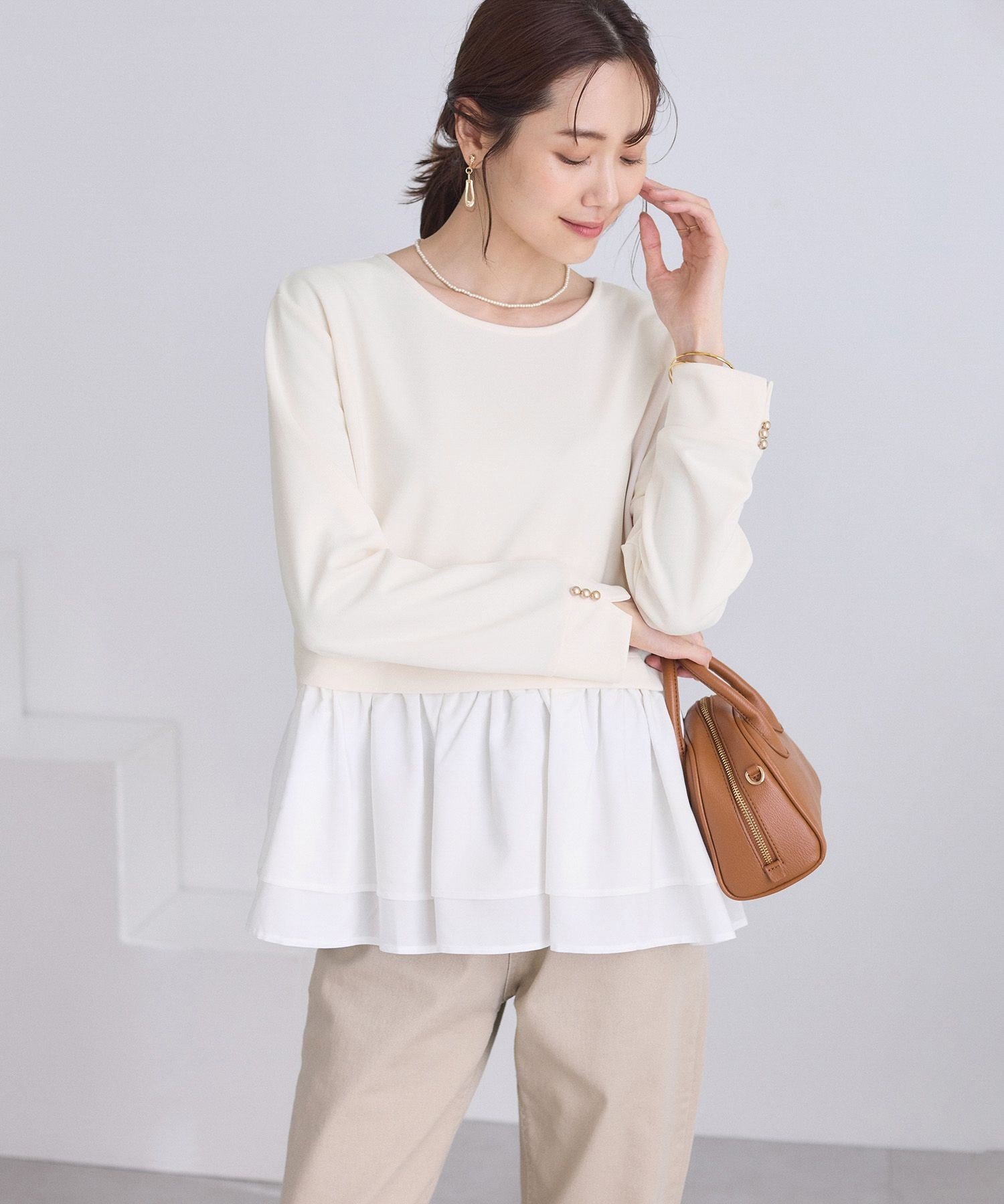 ROPE' PICNIC 布帛ドッキングペプラムギャザープルオーバー ロペピクニック トップス カットソー・Tシャツ ネイビー ブラック ホワイト【送料無料】