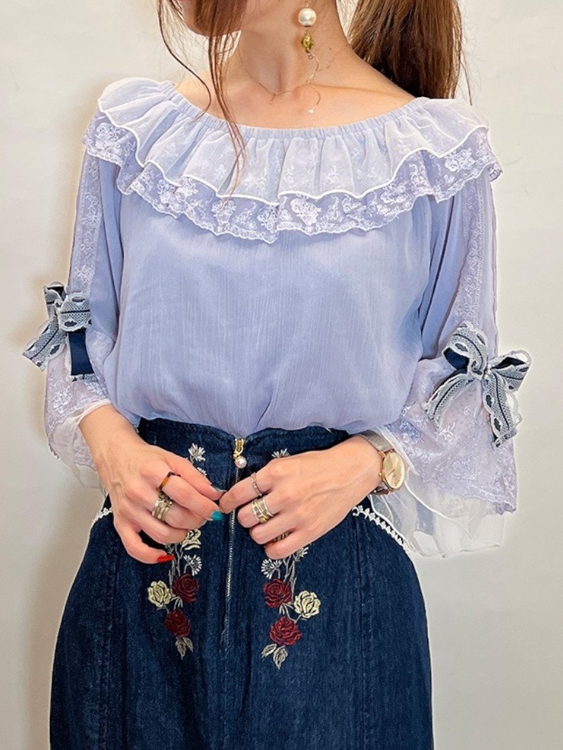 【SALE／40%OFF】axes femme リボン付楊柳シフォンPO アクシーズファム トップス カットソー・Tシャツ ブルー ホワイト ブラウンのサムネイル