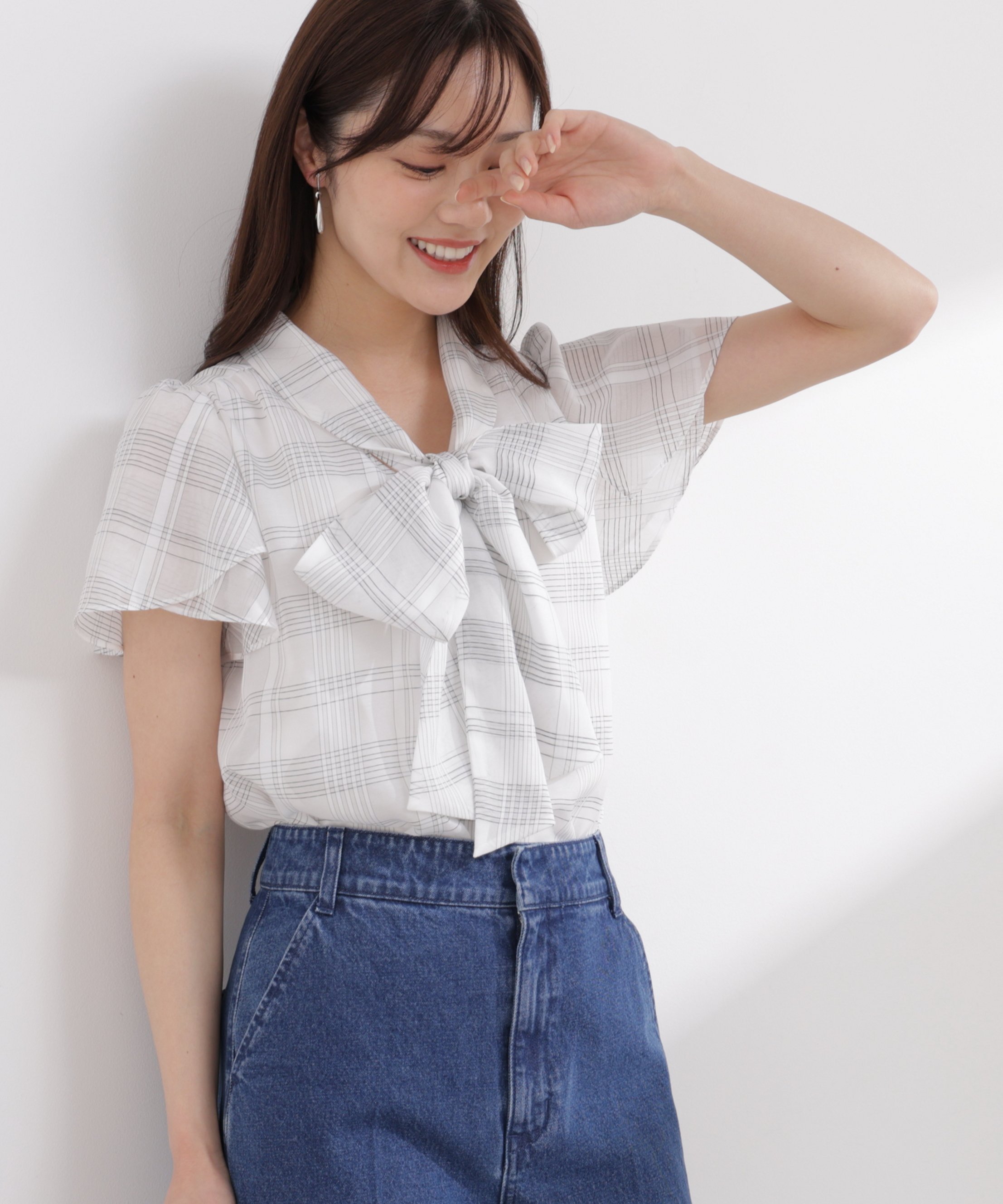 PROPORTION BODY DRESSING チェックチューリップ袖リボンブラウス 26SS プロポーションボディドレッシング トップス シャツ・ブラウス ベージュ