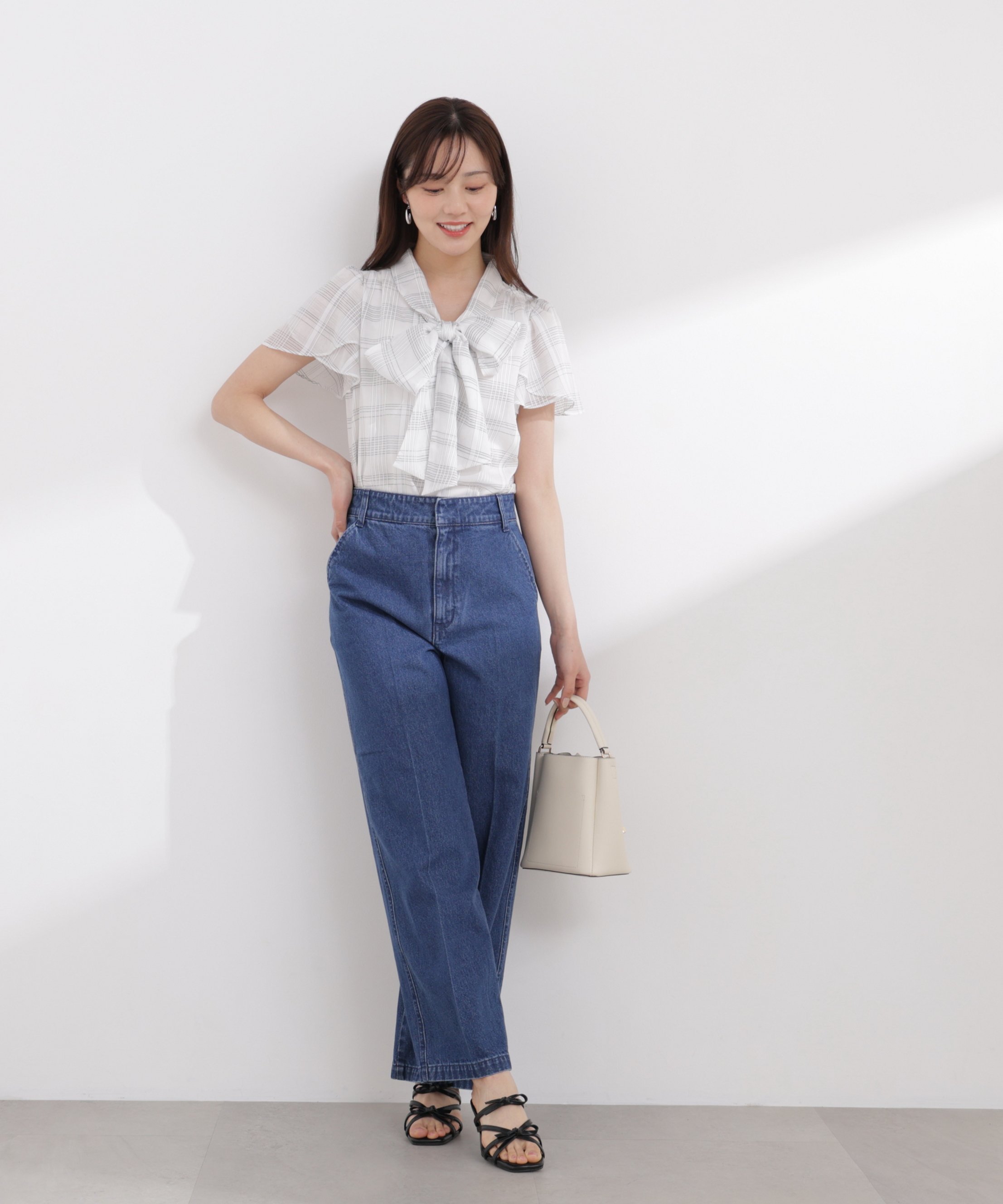 PROPORTION BODY DRESSING チェックチューリップ袖リボンブラウス 26SS プロポーションボディドレッシング トップス シャツ・ブラウス ベージュ