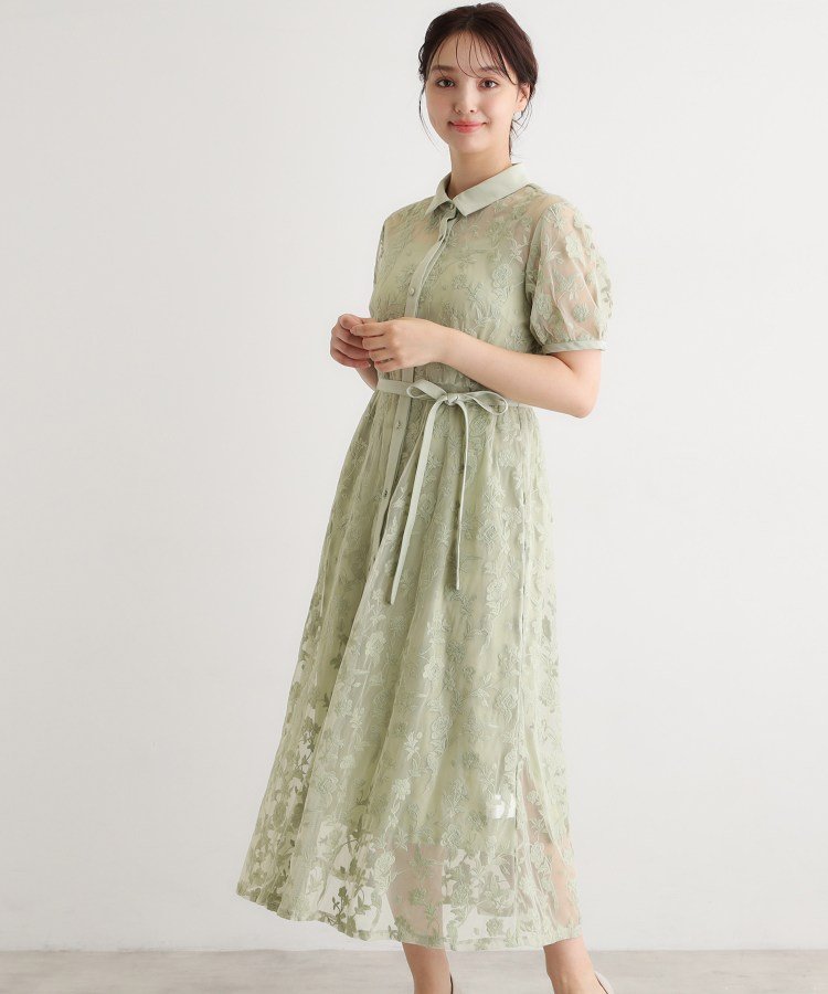 LAURA ASHLEY 【洗える/5分袖/キャミワンピ付き】エルヴェデン柄チュール刺繍ワンピース ローラ アシュレイ ワンピース・ドレス その他のワンピース・ドレス グリーン ネイビー